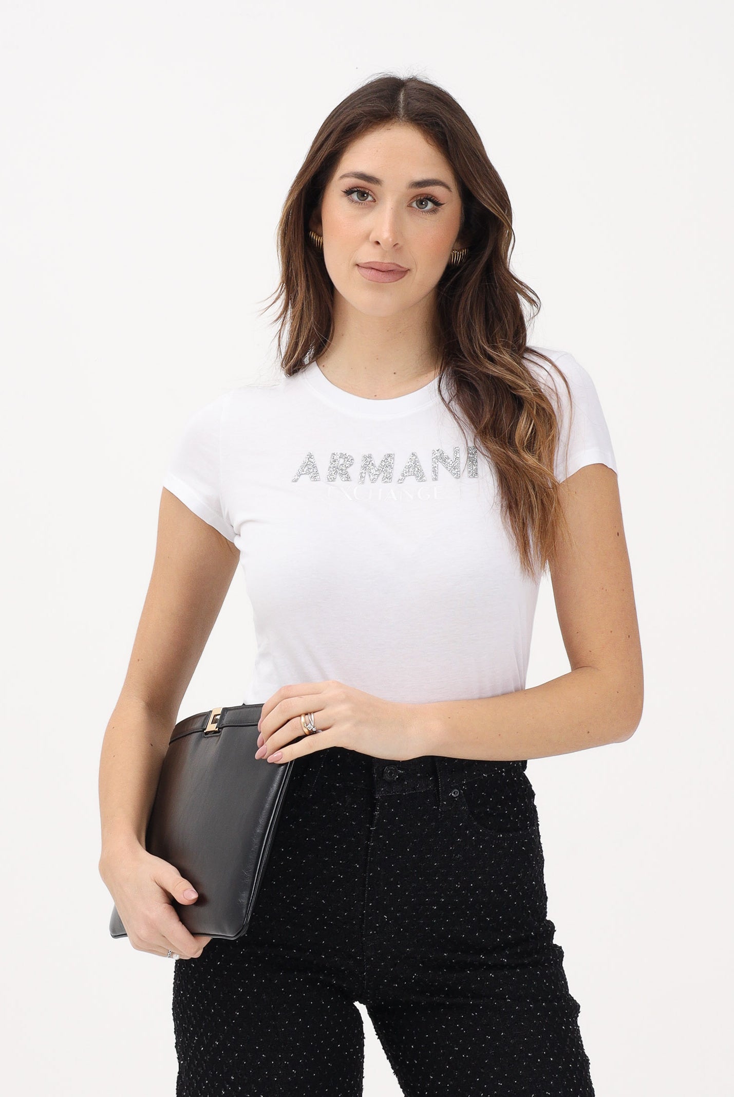 ARMANI EXCHANGE T-shirt a manica corta bianca da donna con logo in strass XW002106AF10356 U0002 ARMANI EXCHANGE