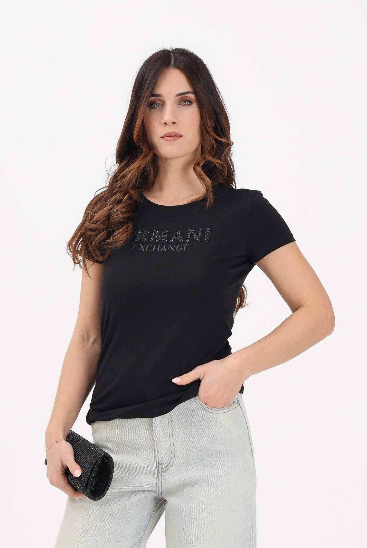 ARMANI EXCHANGE T-shirt a manica corta nera da donna con logo in strass XW002106AF10356 UC001 ARMANI EXCHANGE