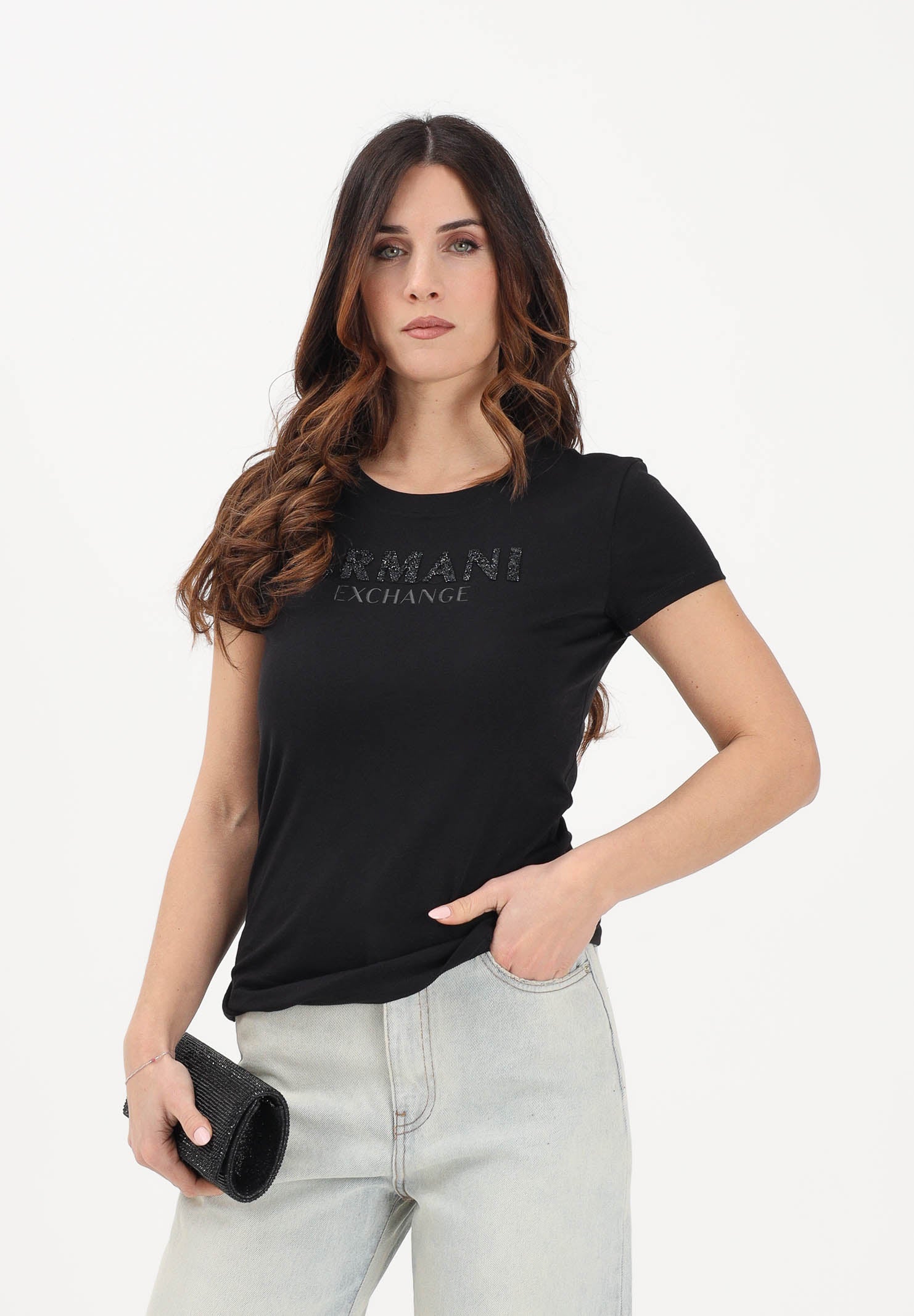 ARMANI EXCHANGE T-shirt a manica corta nera da donna con logo in strass XW002106AF10356 UC001 ARMANI EXCHANGE