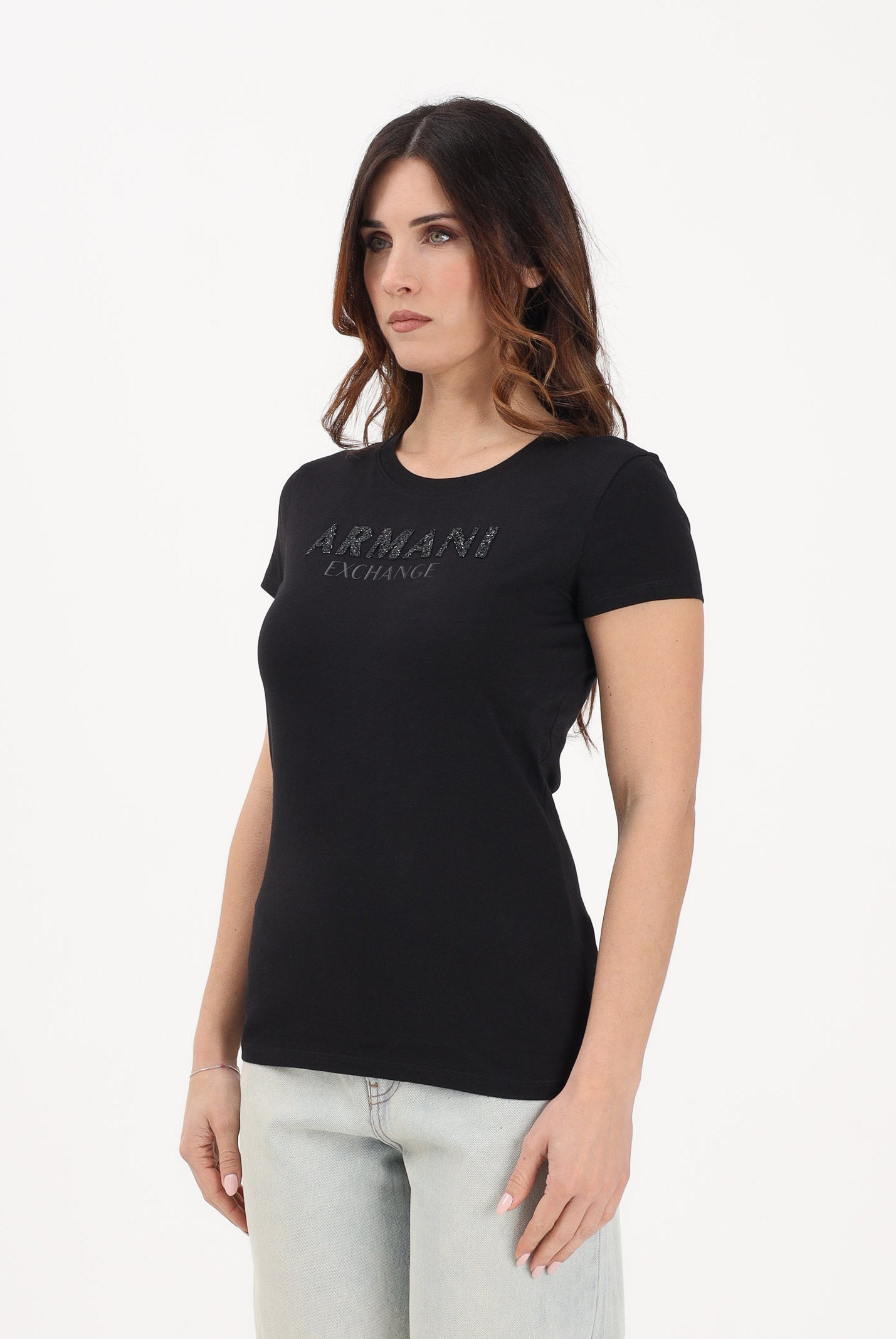ARMANI EXCHANGE T-shirt a manica corta nera da donna con logo in strass XW002106AF10356 UC001 ARMANI EXCHANGE