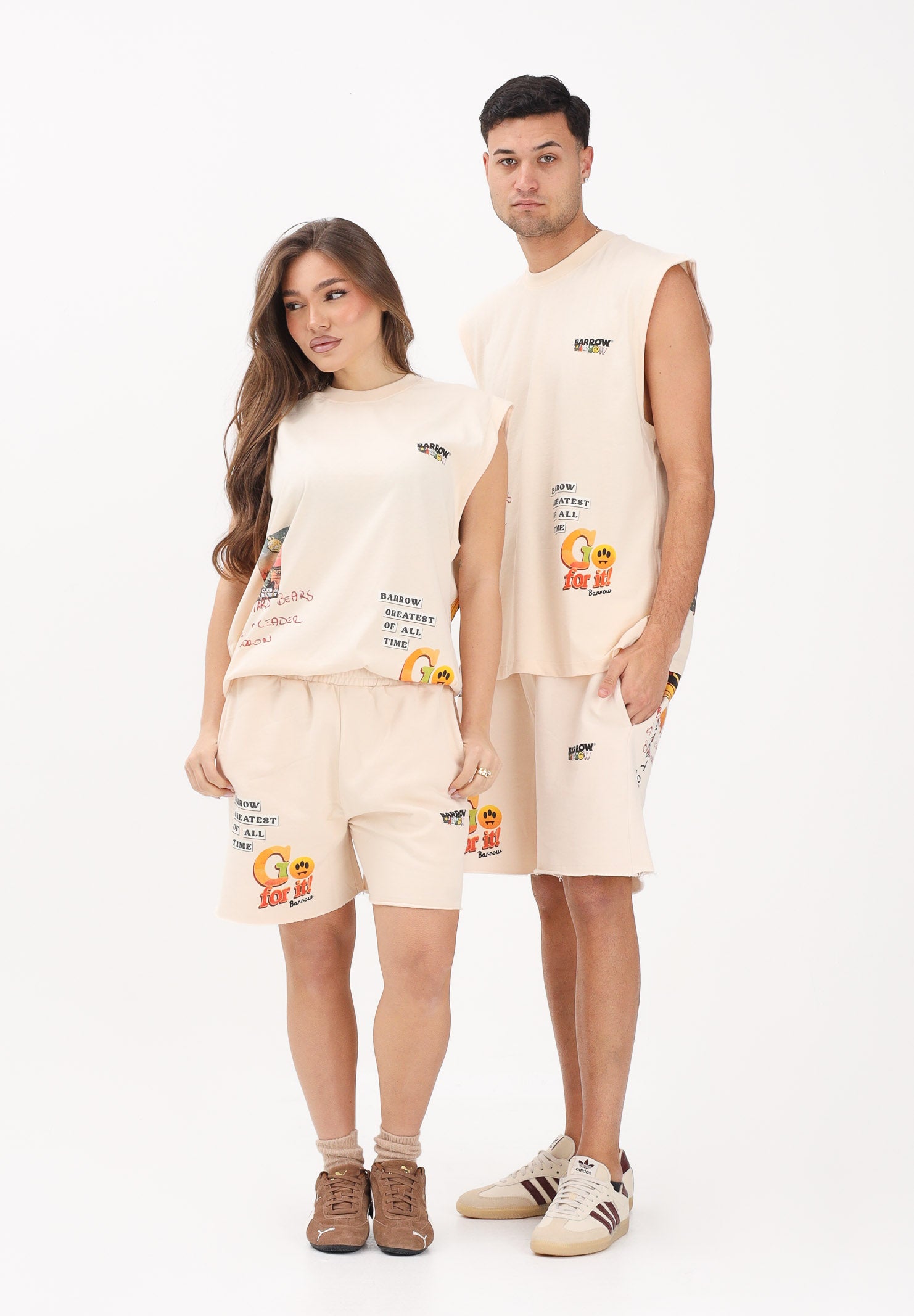 BARROW Shorts sportivo beige per uomo e donna con stampe S6BWUABE034 013 BARROW