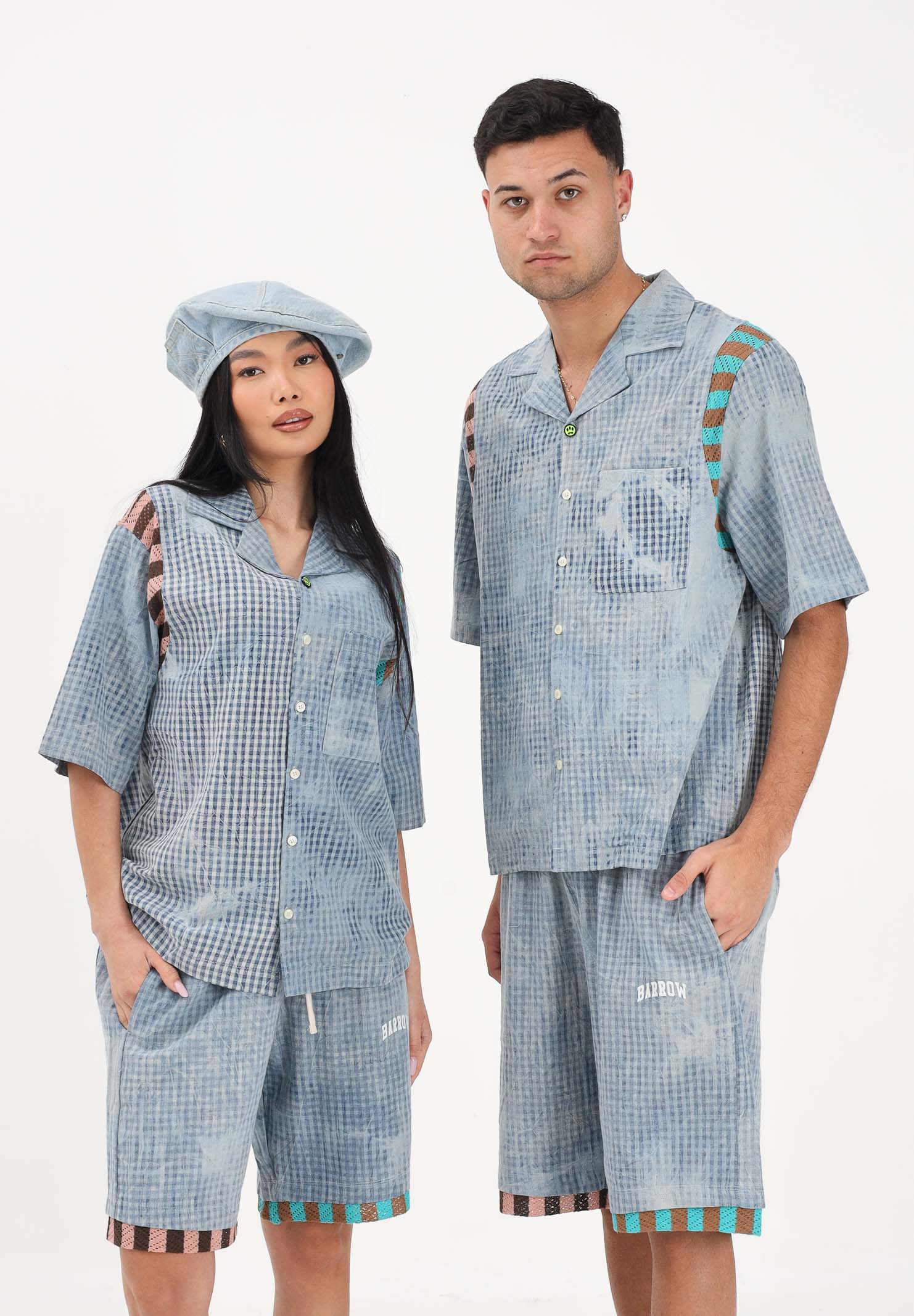BARROW Camicia a manica corta celeste per uomo e donna con stampa micro check S6BWUASI055 172 BARROW