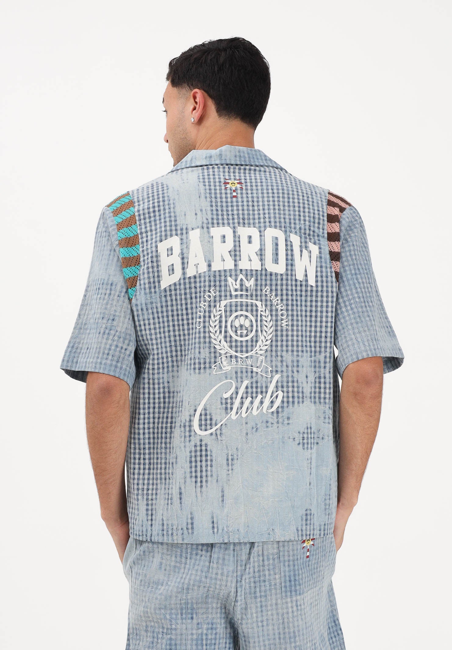 BARROW Camicia a manica corta celeste per uomo e donna con stampa micro check S6BWUASI055 172 BARROW