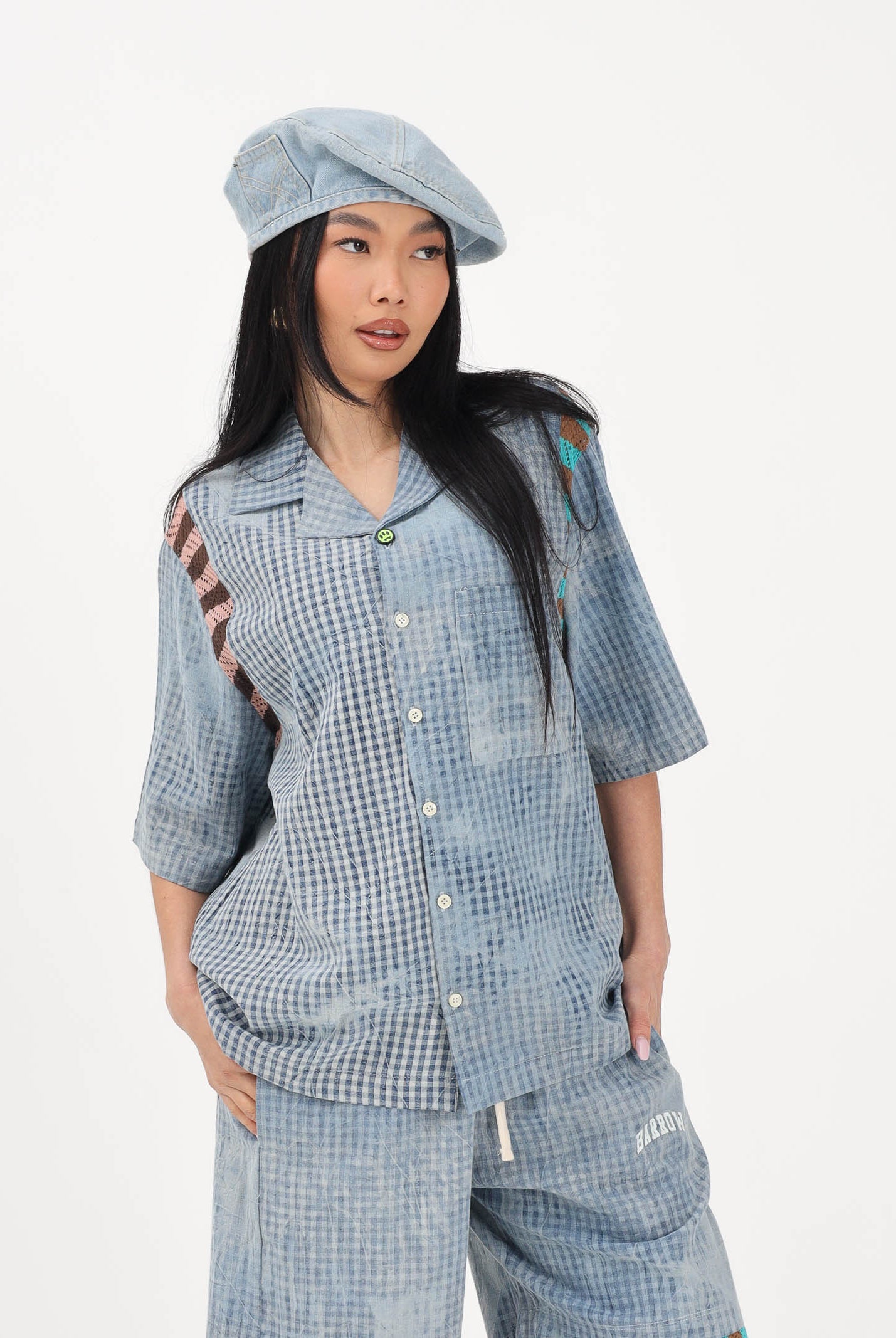 BARROW Camicia a manica corta celeste per uomo e donna con stampa micro check S6BWUASI055 172 BARROW