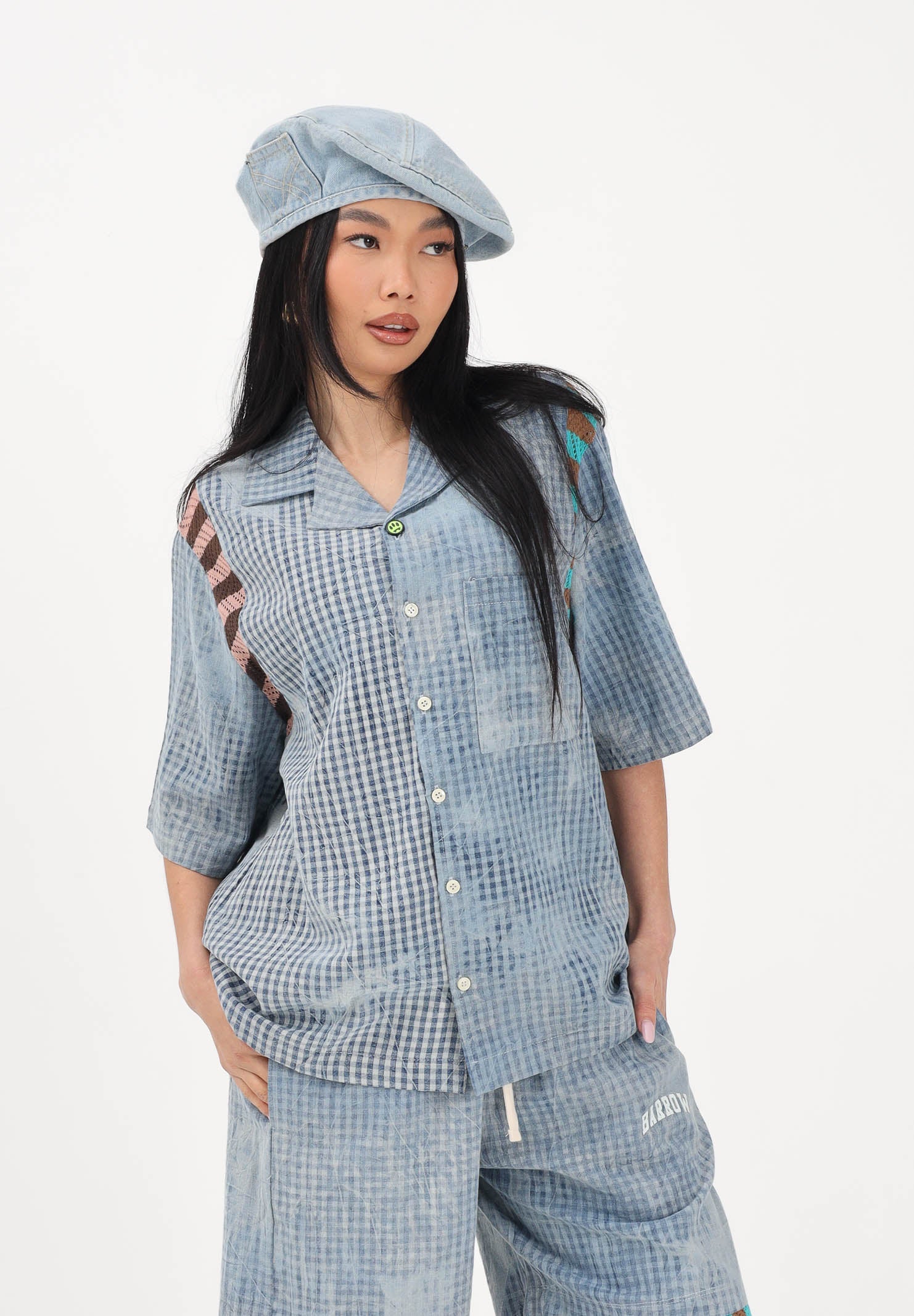 BARROW Camicia a manica corta celeste per uomo e donna con stampa micro check S6BWUASI055 172 BARROW