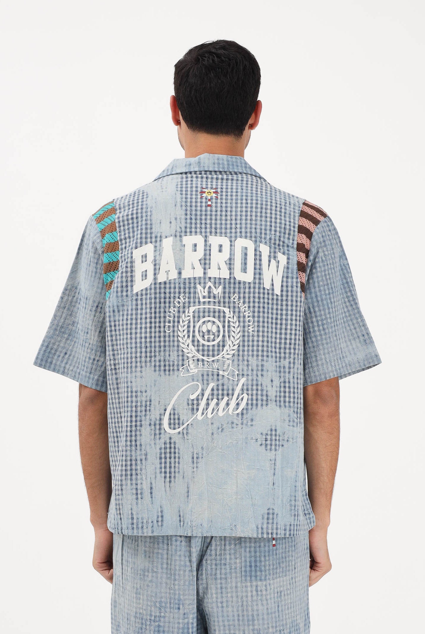 BARROW Camicia a manica corta celeste per uomo e donna con stampa micro check S6BWUASI055 172 BARROW