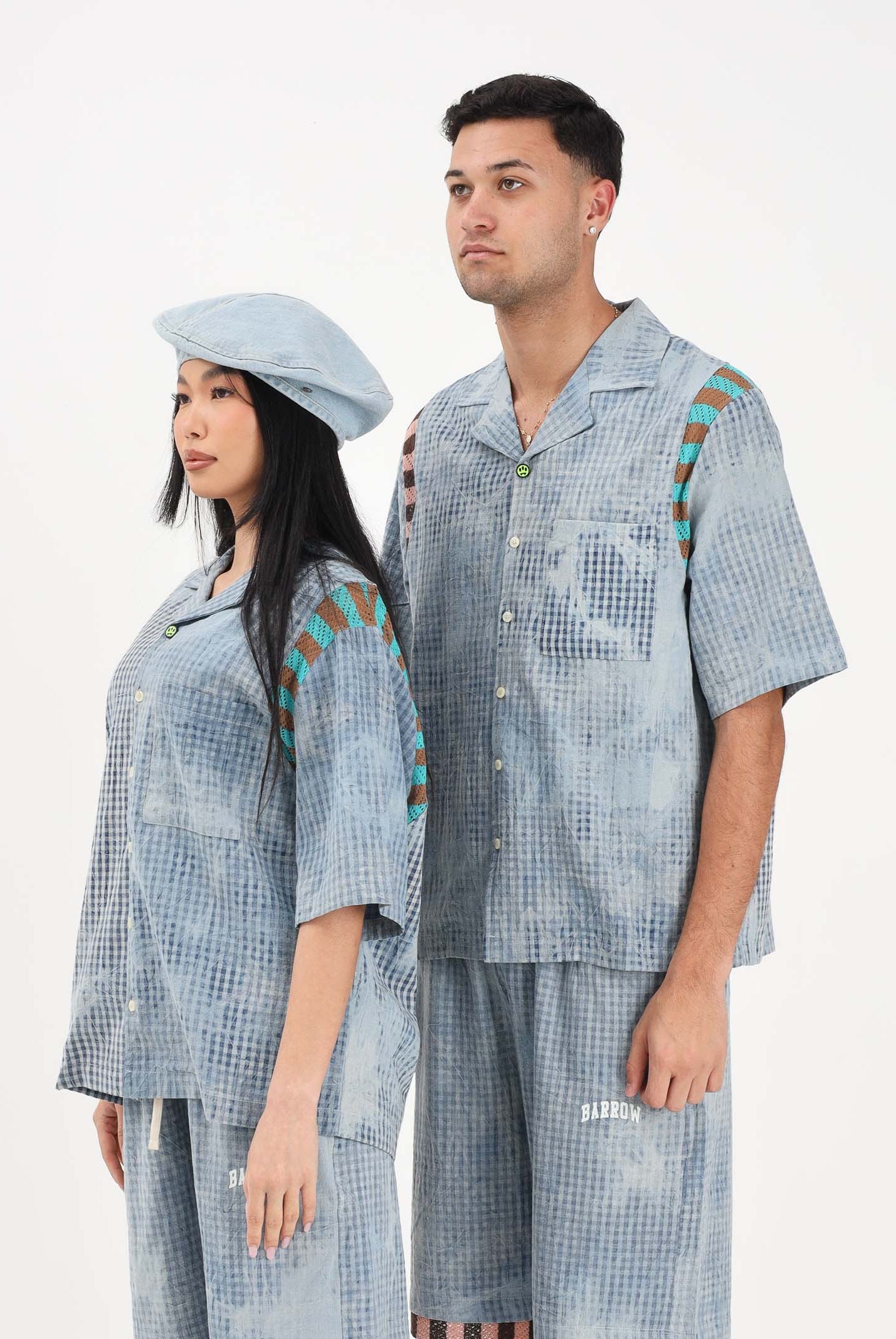 BARROW Camicia a manica corta celeste per uomo e donna con stampa micro check S6BWUASI055 172 BARROW