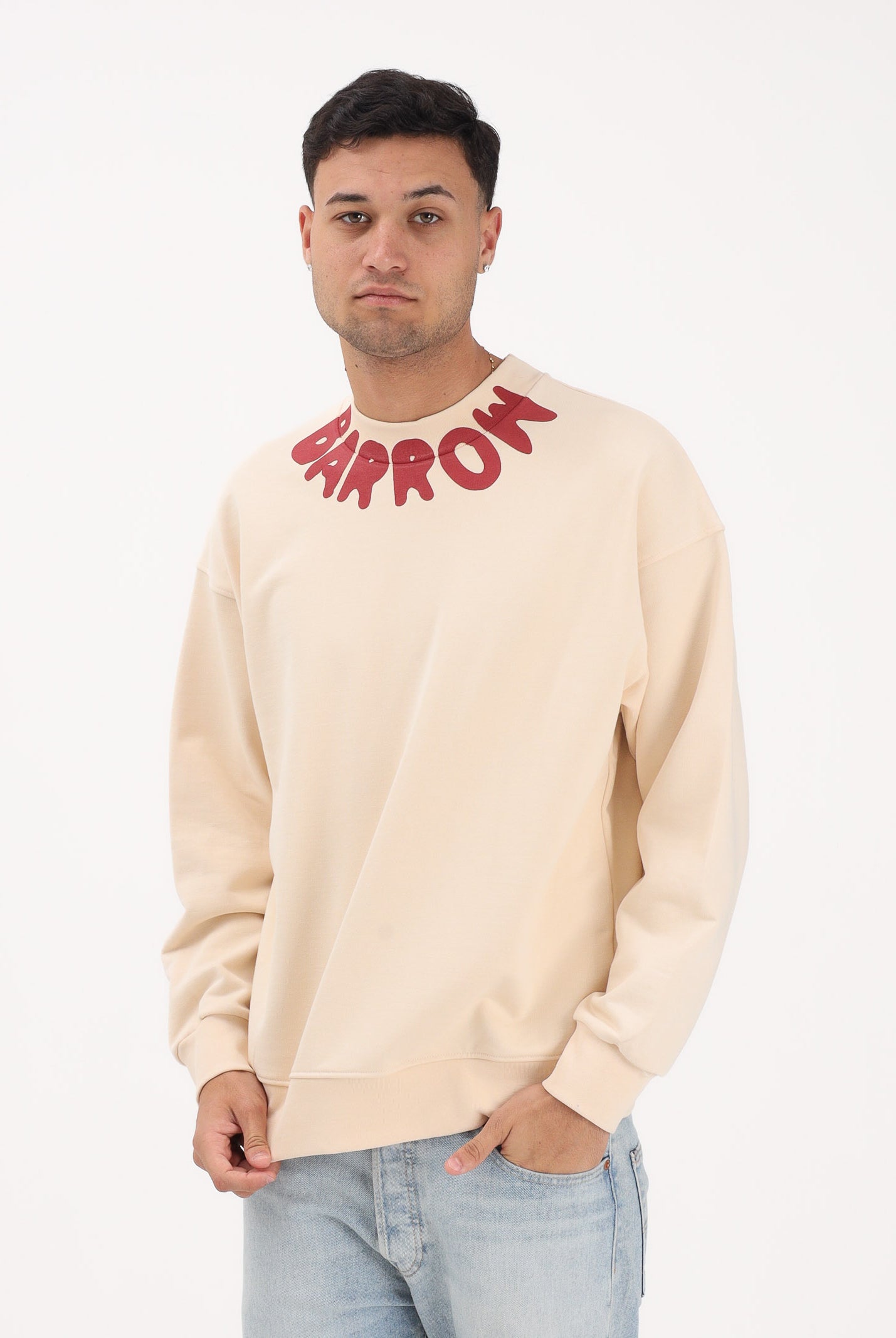 BARROW Felpa girocollo crema per uomo e donna con logo al collo S6BWUASW070 013 BARROW