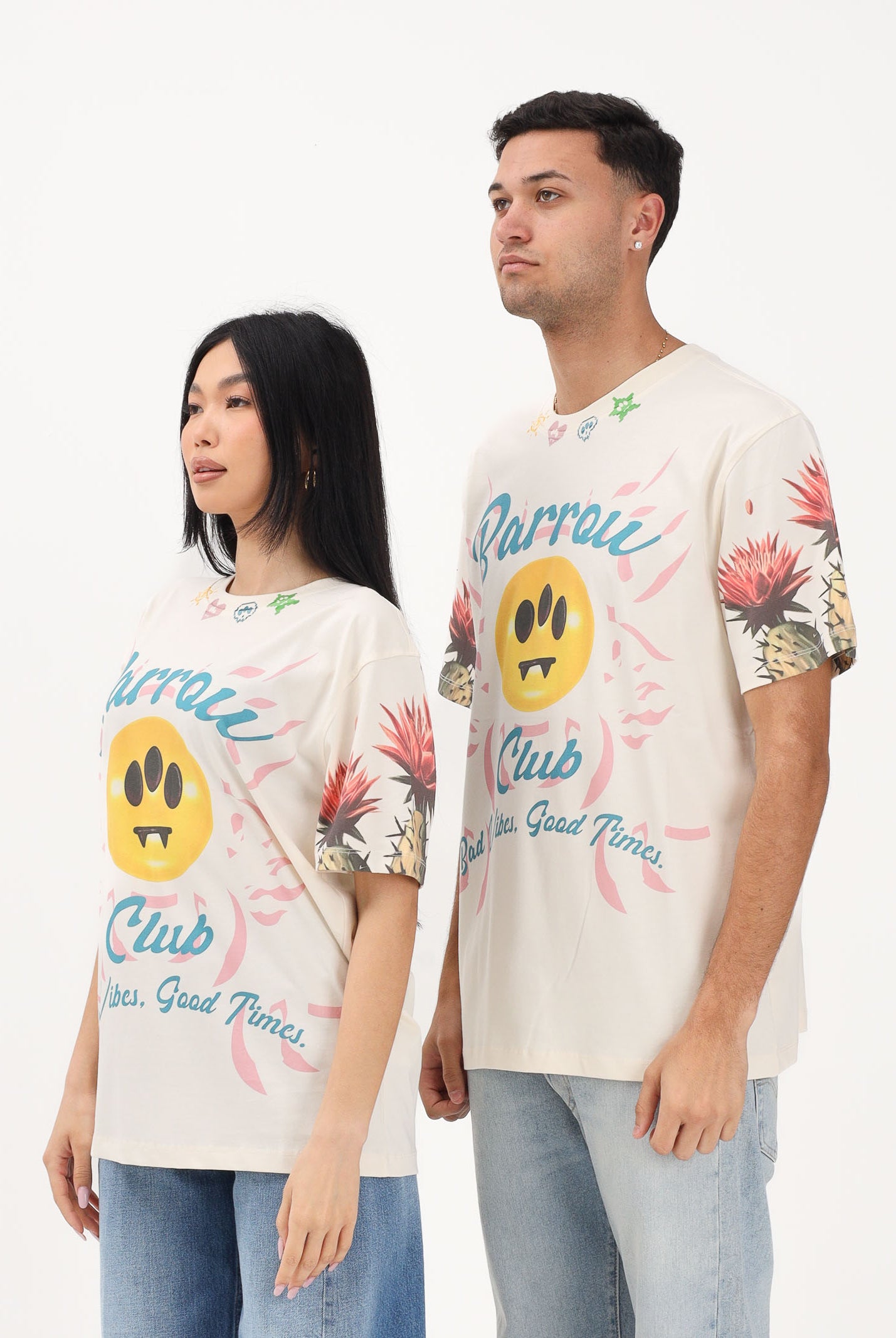 BARROW T-shirt a manica corta crema per uomo e donna con stampe S6BWUATH069 013 BARROW