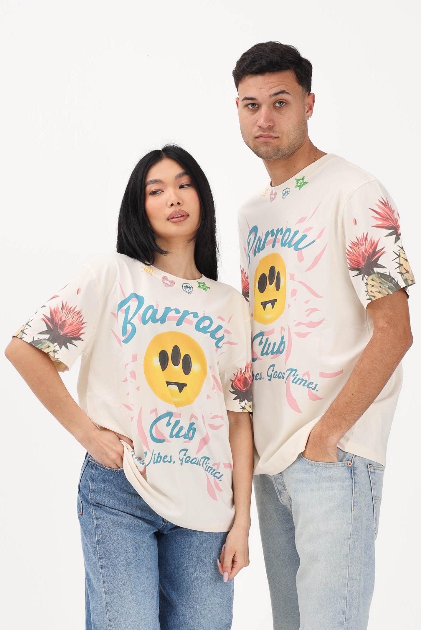 BARROW T-shirt a manica corta crema per uomo e donna con stampe S6BWUATH069 013 BARROW