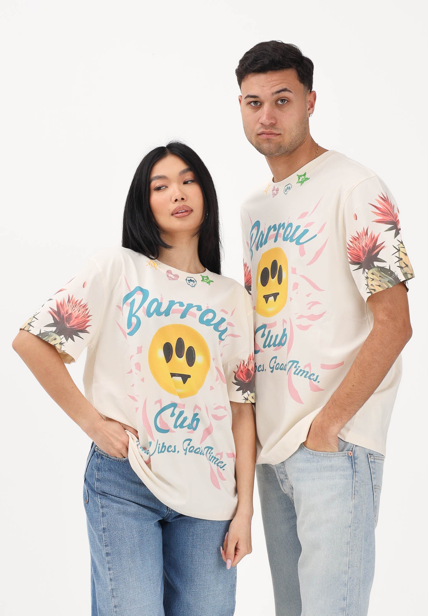BARROW T-shirt a manica corta crema per uomo e donna con stampe S6BWUATH069 013 BARROW