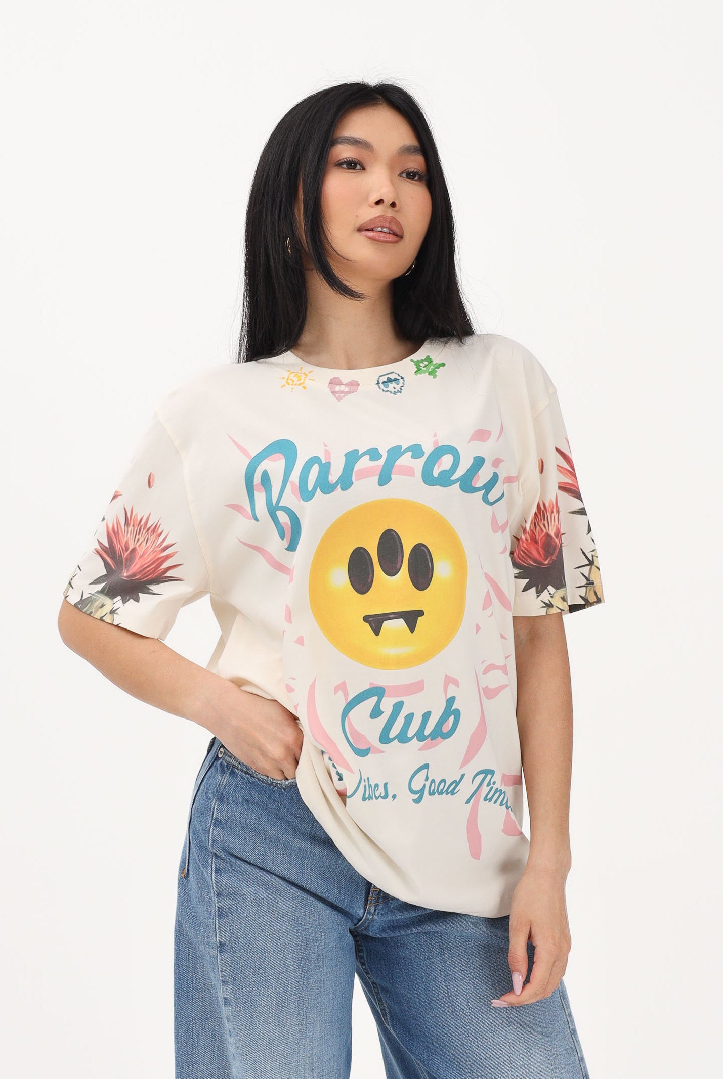 BARROW T-shirt a manica corta crema per uomo e donna con stampe S6BWUATH069 013 BARROW