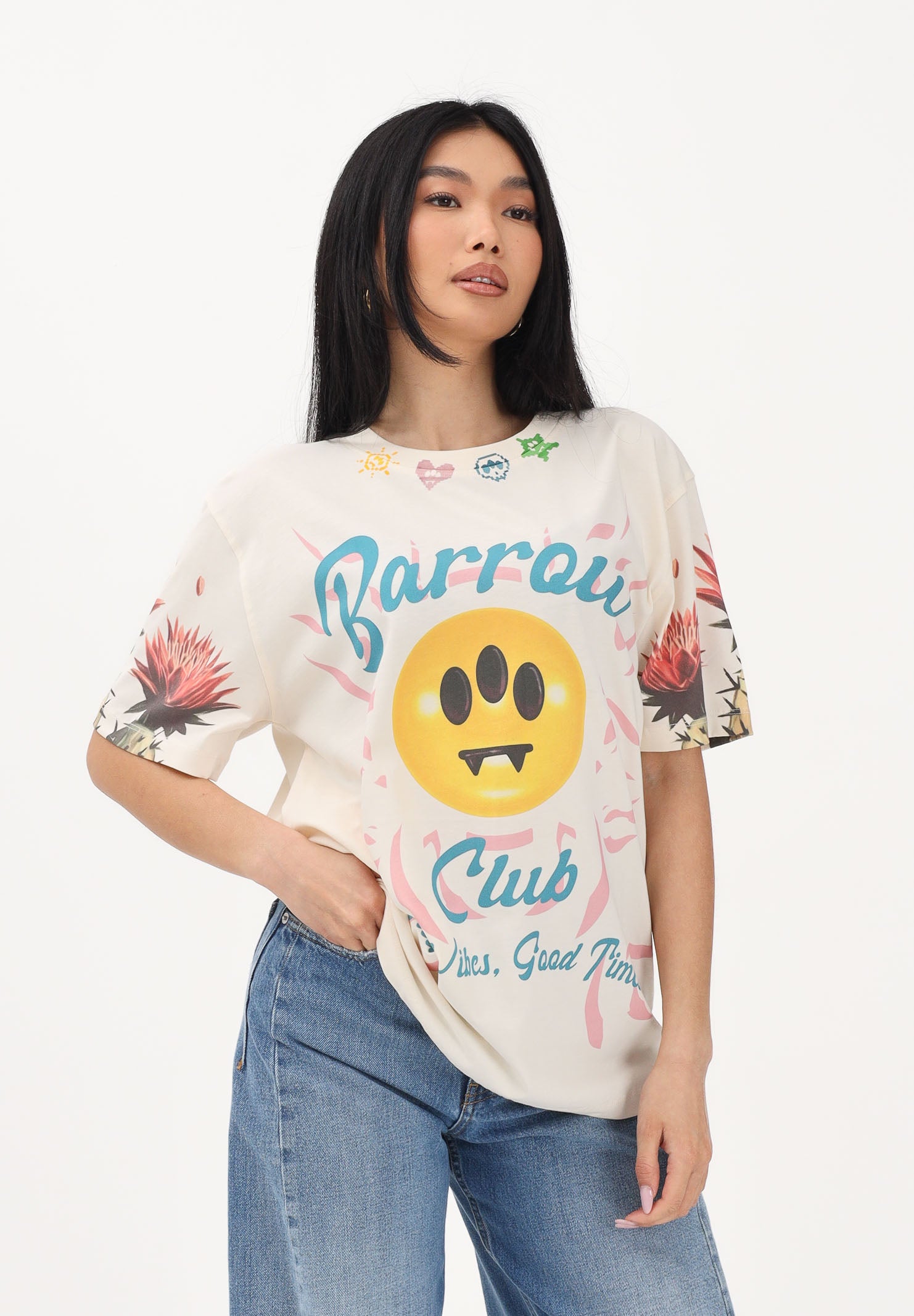 BARROW T-shirt a manica corta crema per uomo e donna con stampe S6BWUATH069 013 BARROW