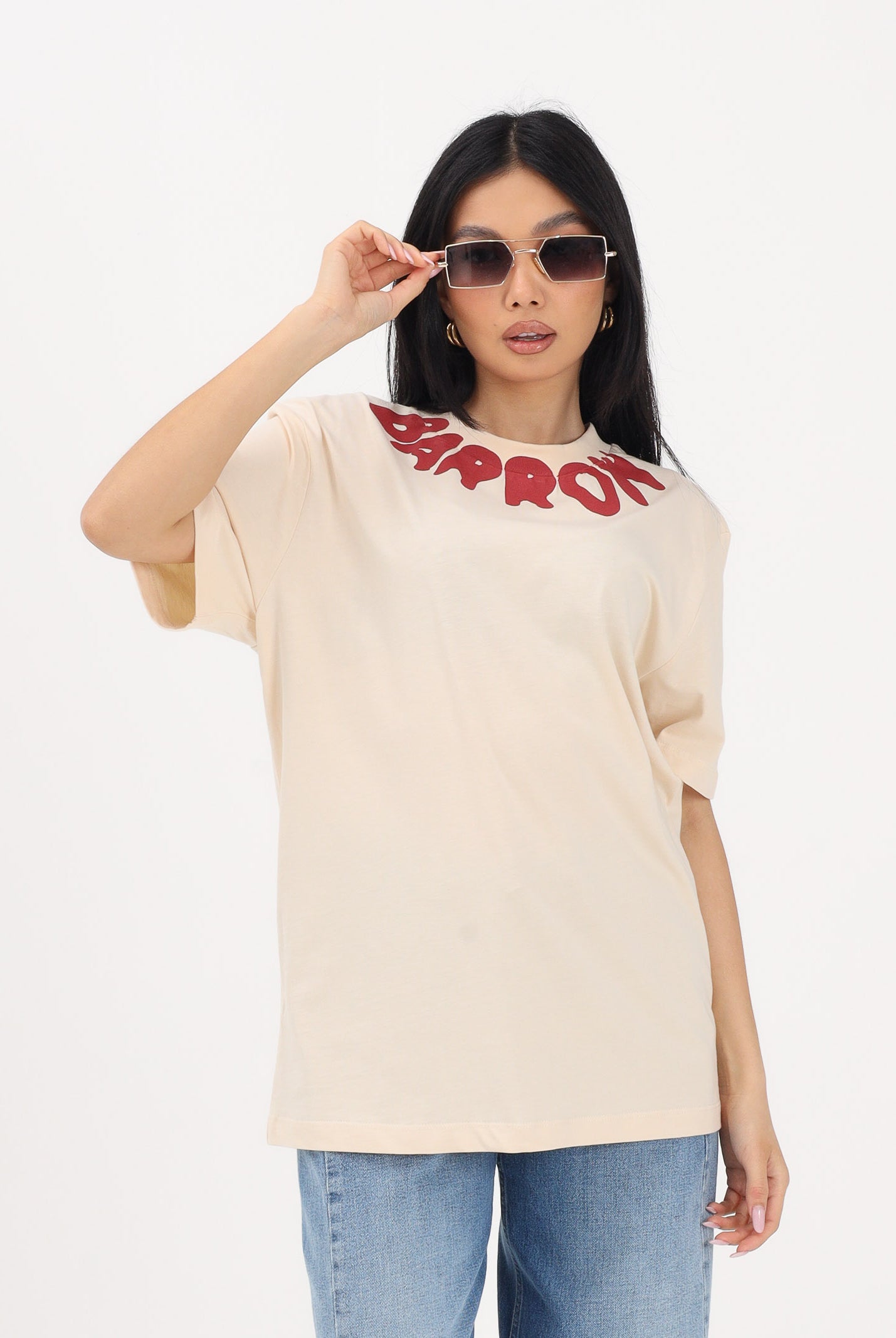 BARROW T-shirt a manica corta crema per uomo e donna con girocollo logato S6BWUATH071 013 BARROW