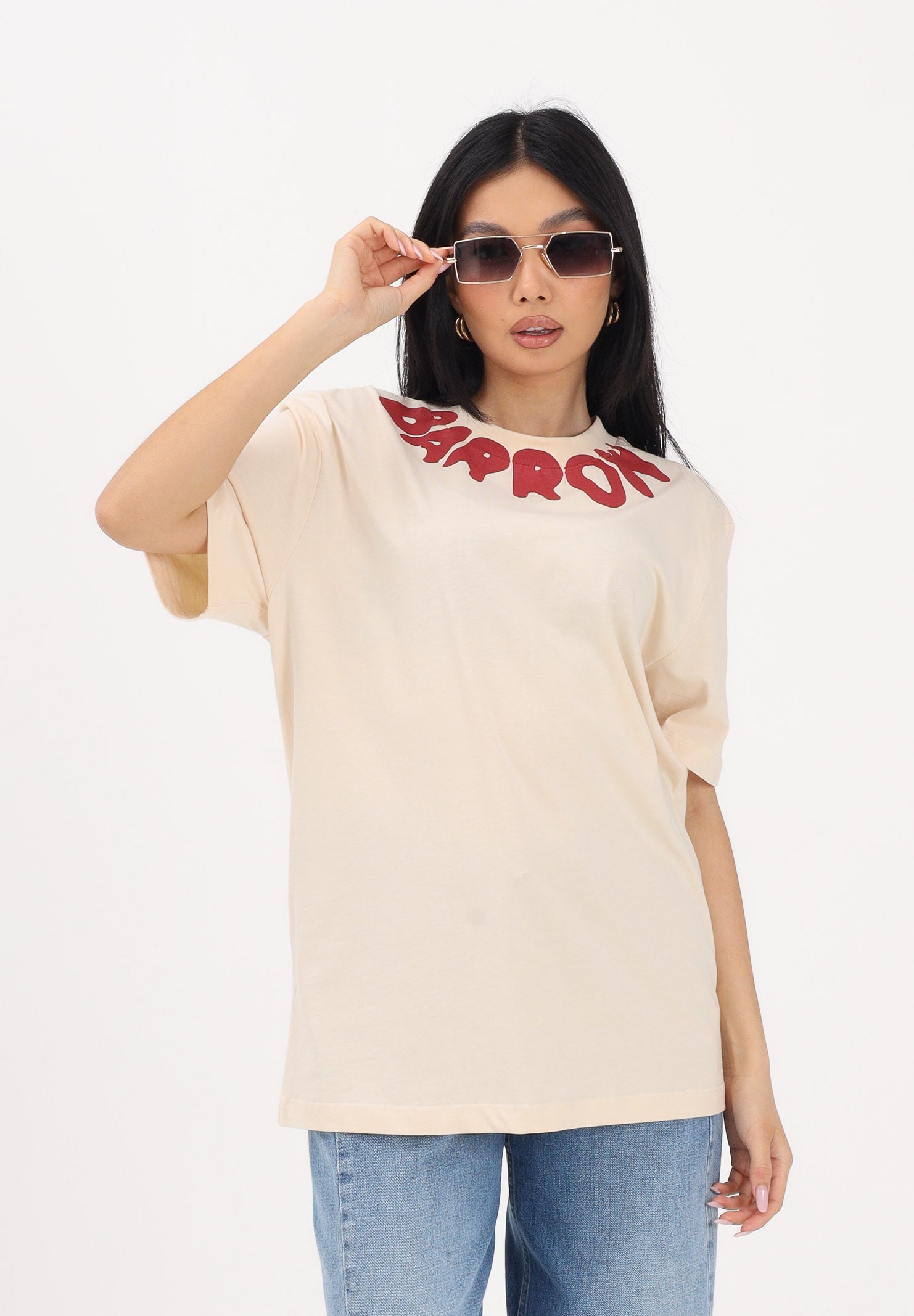 BARROW T-shirt a manica corta crema per uomo e donna con girocollo logato S6BWUATH071 013 BARROW