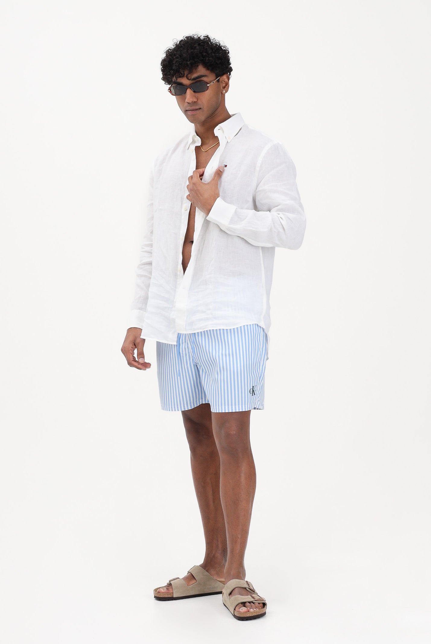 CALVIN KLEIN Shorts mare bianco e azzurro da uomo con motivo a righe e logo LV00N61045 SNE CALVIN KLEIN