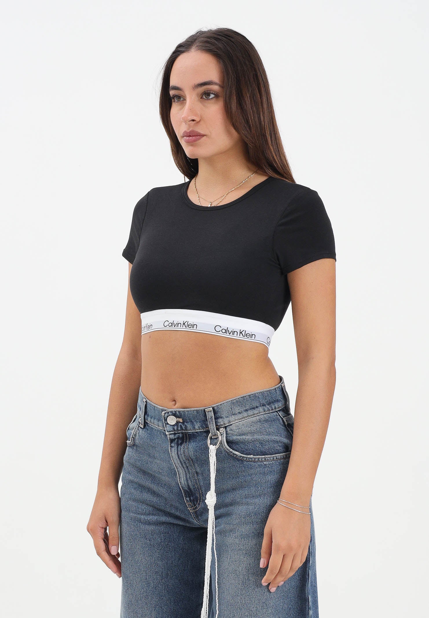 CALVIN KLEIN T-shirt a manica corta nera da donna con banda logata LV00QF8495 UB1 CALVIN KLEIN