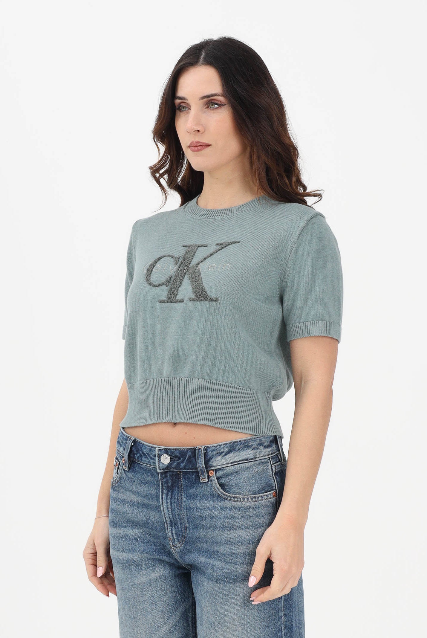 CALVIN KLEIN JEANS Maglia a manica corta verde salvia da donna con logo LV044E306GPNO . CALVIN KLEIN JEANS