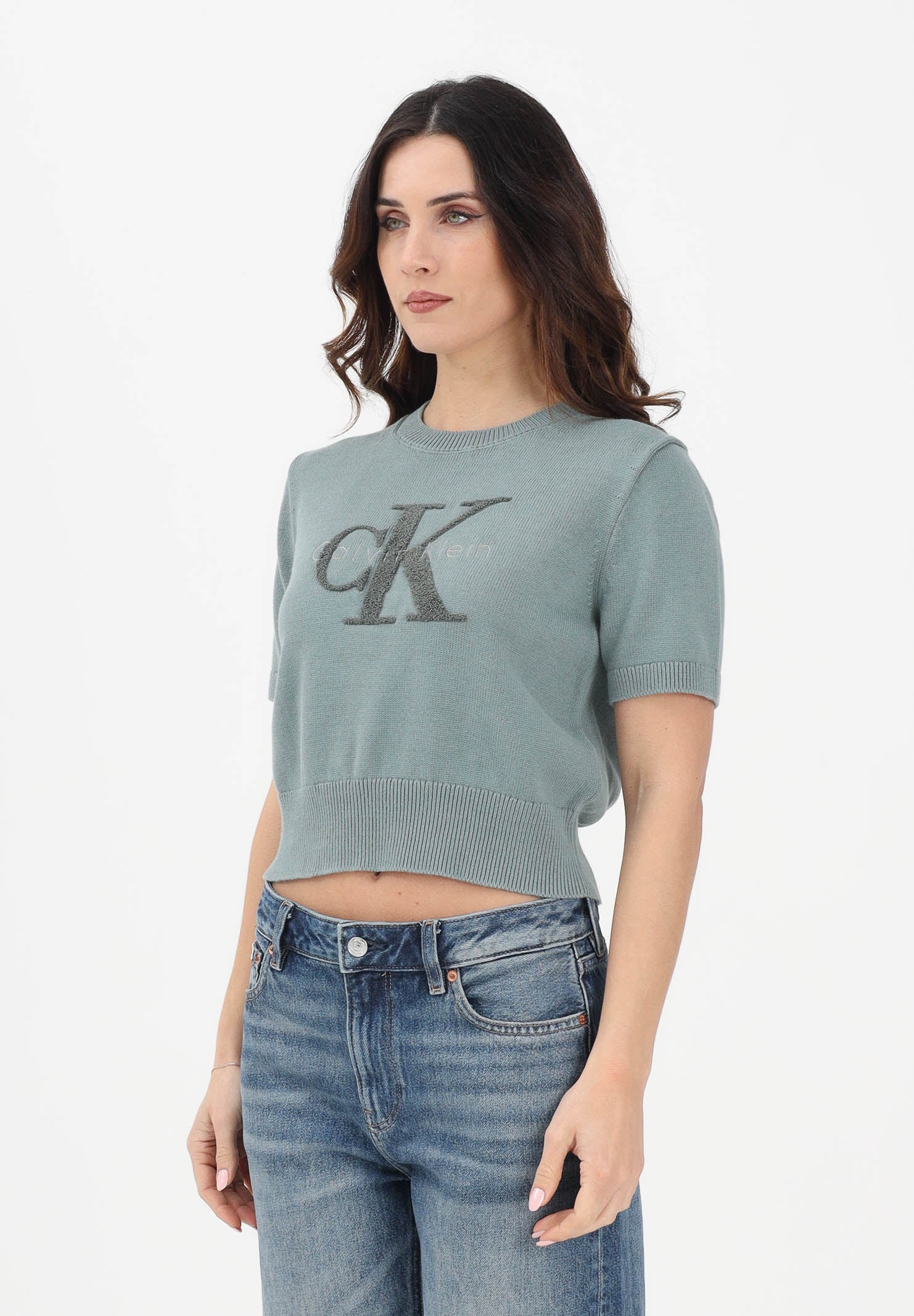 CALVIN KLEIN JEANS Maglia a manica corta verde salvia da donna con logo LV044E306GPNO . CALVIN KLEIN JEANS