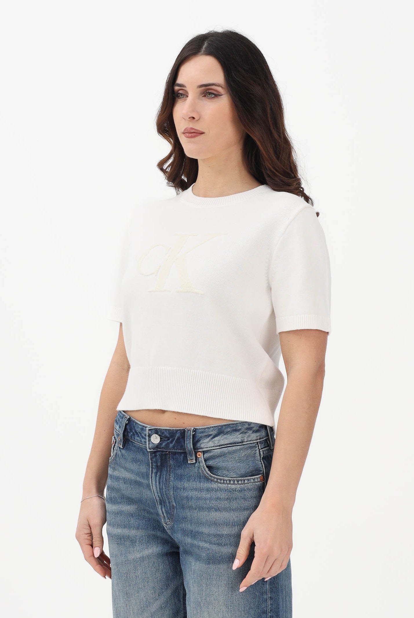 CALVIN KLEIN JEANS Maglia a manica corta panna da donna con logo LV044E306GYBH . CALVIN KLEIN JEANS