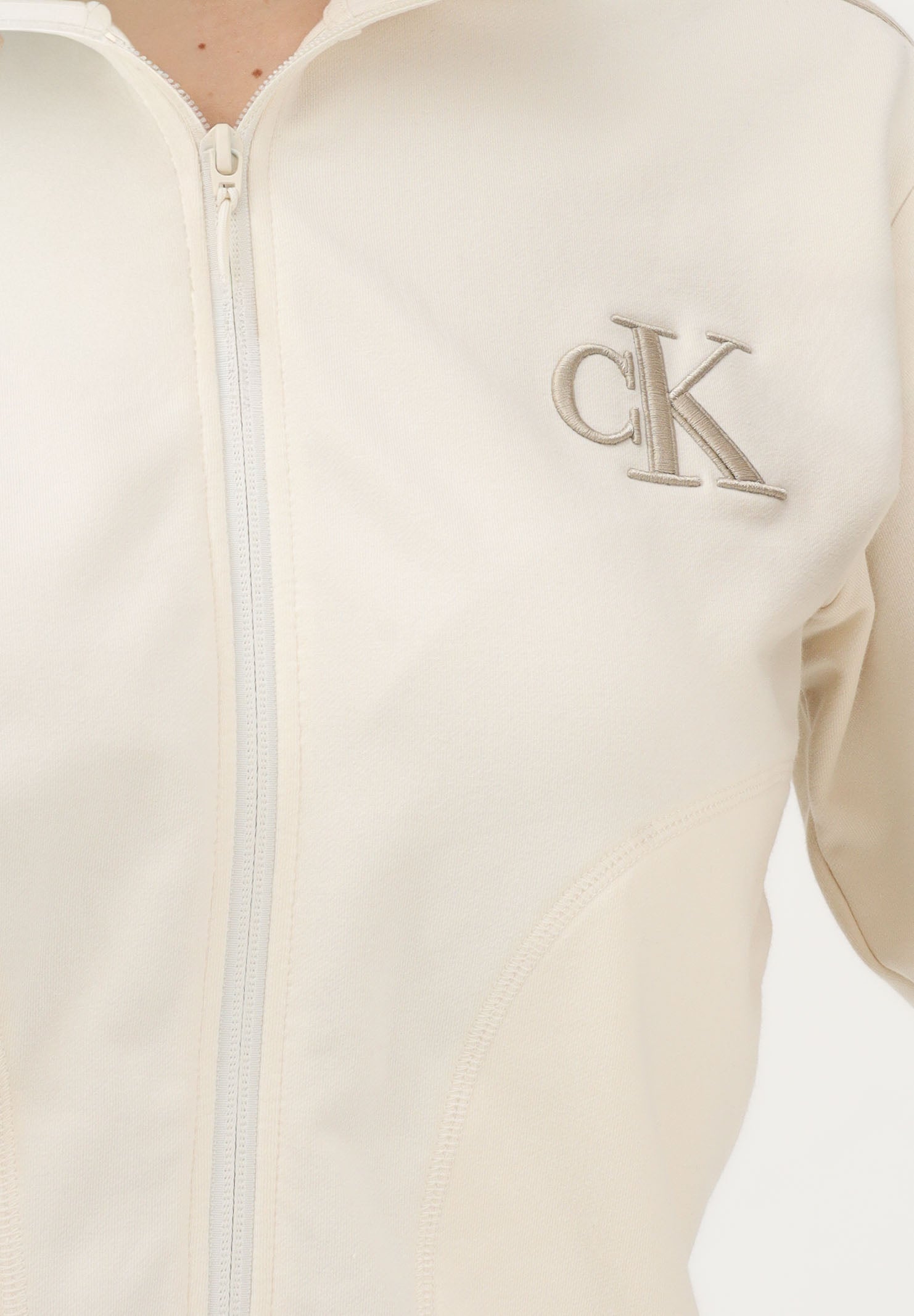CALVIN KLEIN JEANS Felpa con zip beige da donna rifinita da logo e bande a contrasto LV047E226GYAC . CALVIN KLEIN JEANS