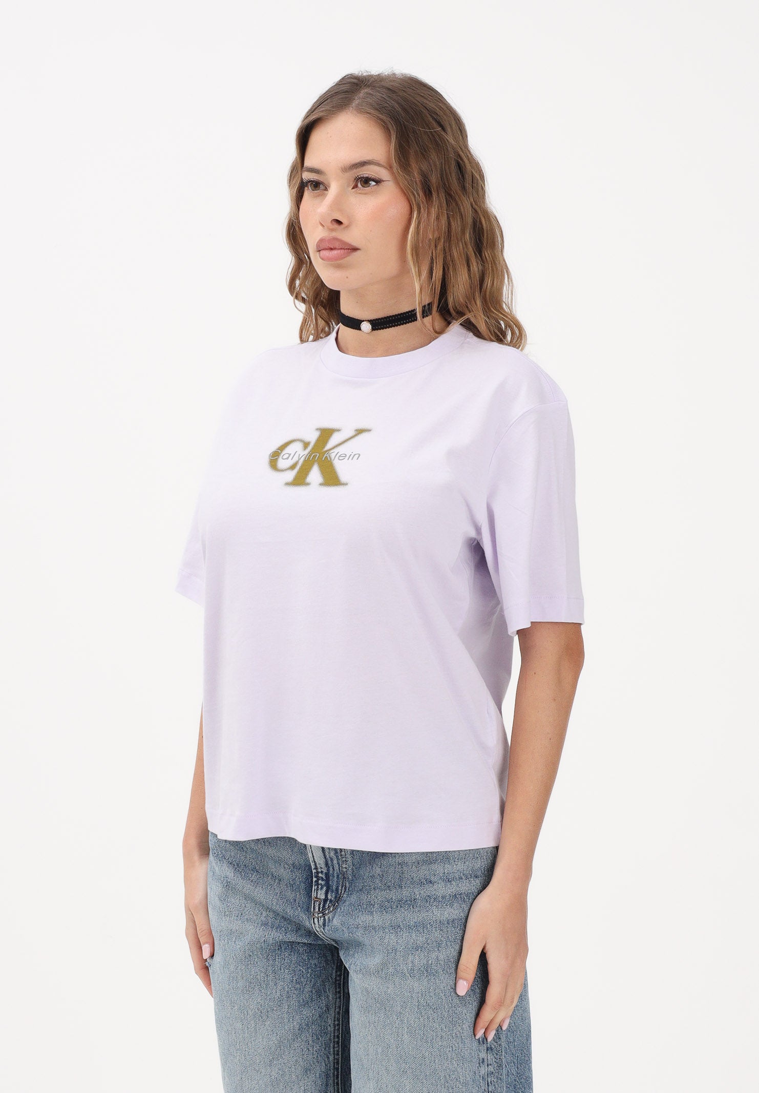 CALVIN KLEIN JEANS T-shirt a manica corta lilla da donna con logo LV047F800G 3OQ CALVIN KLEIN JEANS