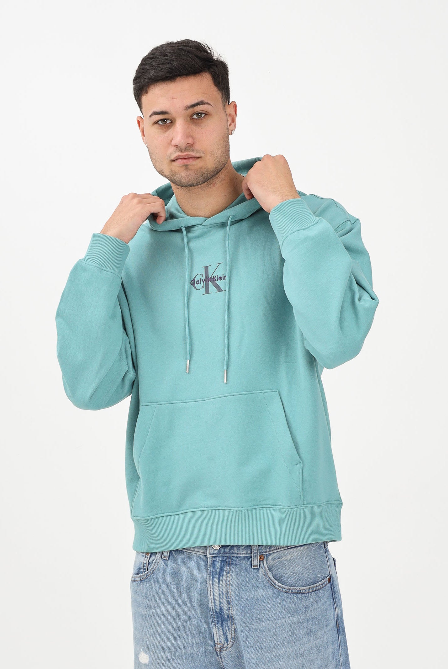 CALVIN KLEIN JEANS Felpa con cappuccio verde acqua da uomo con logo LV04RD243G2IR . CALVIN KLEIN JEANS