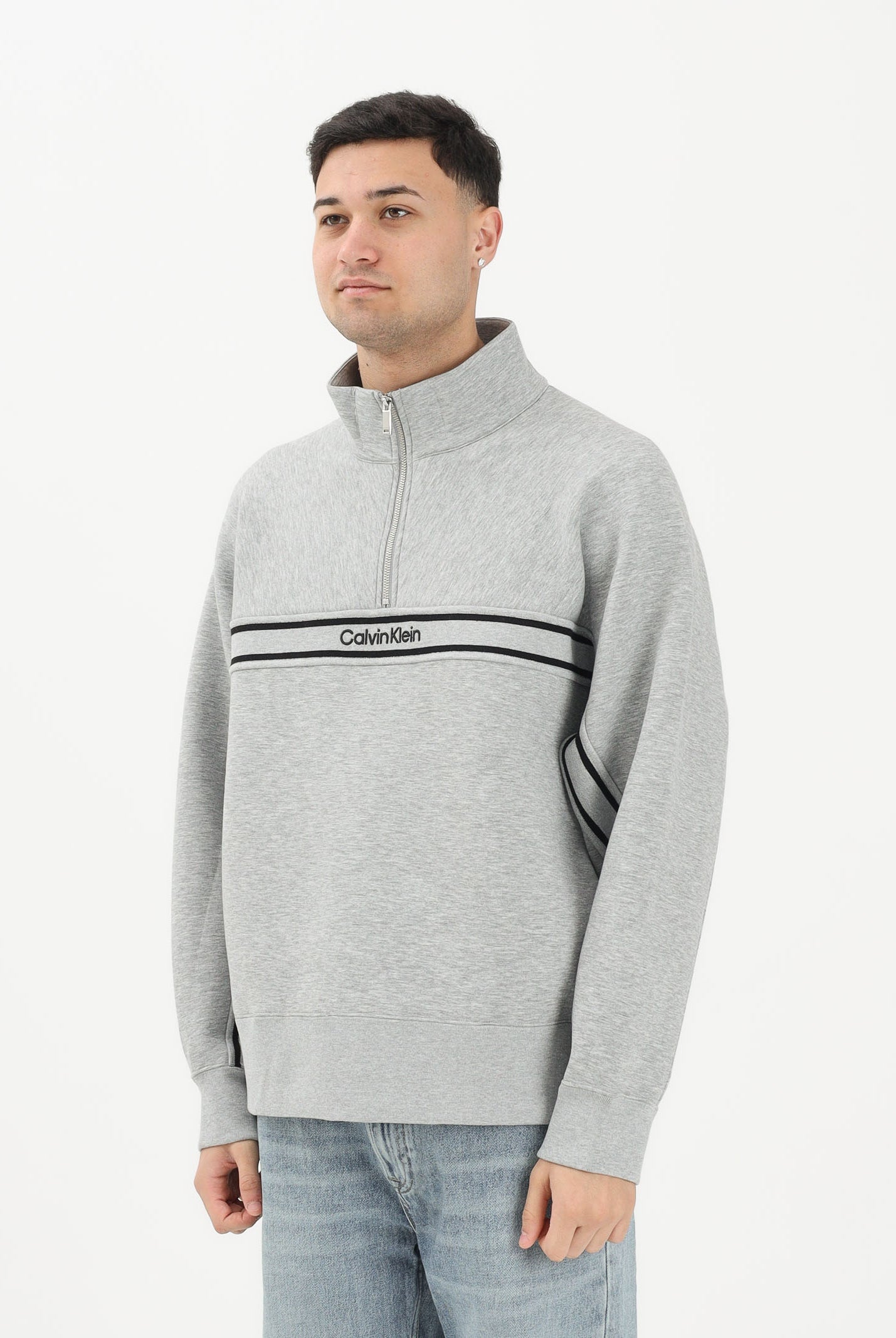 CALVIN KLEIN JEANS Felpa a mezza zip grigia da uomo con logo LV04RE221GP79 . CALVIN KLEIN JEANS