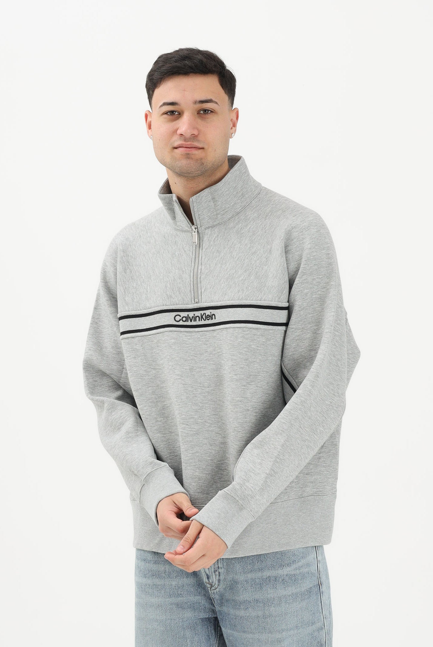 CALVIN KLEIN JEANS Felpa a mezza zip grigia da uomo con logo LV04RE221GP79 . CALVIN KLEIN JEANS