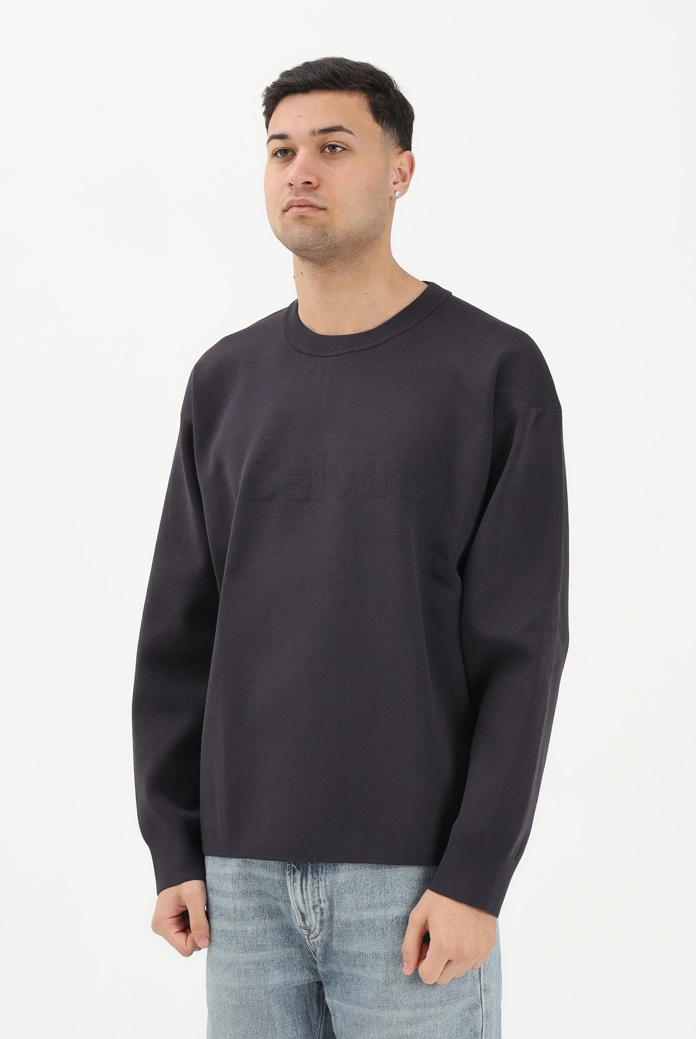 CALVIN KLEIN JEANS Maglioncino girocollo blu da uomo con grafica con logo tono su tono LV04RE304GCR1 . CALVIN KLEIN JEANS