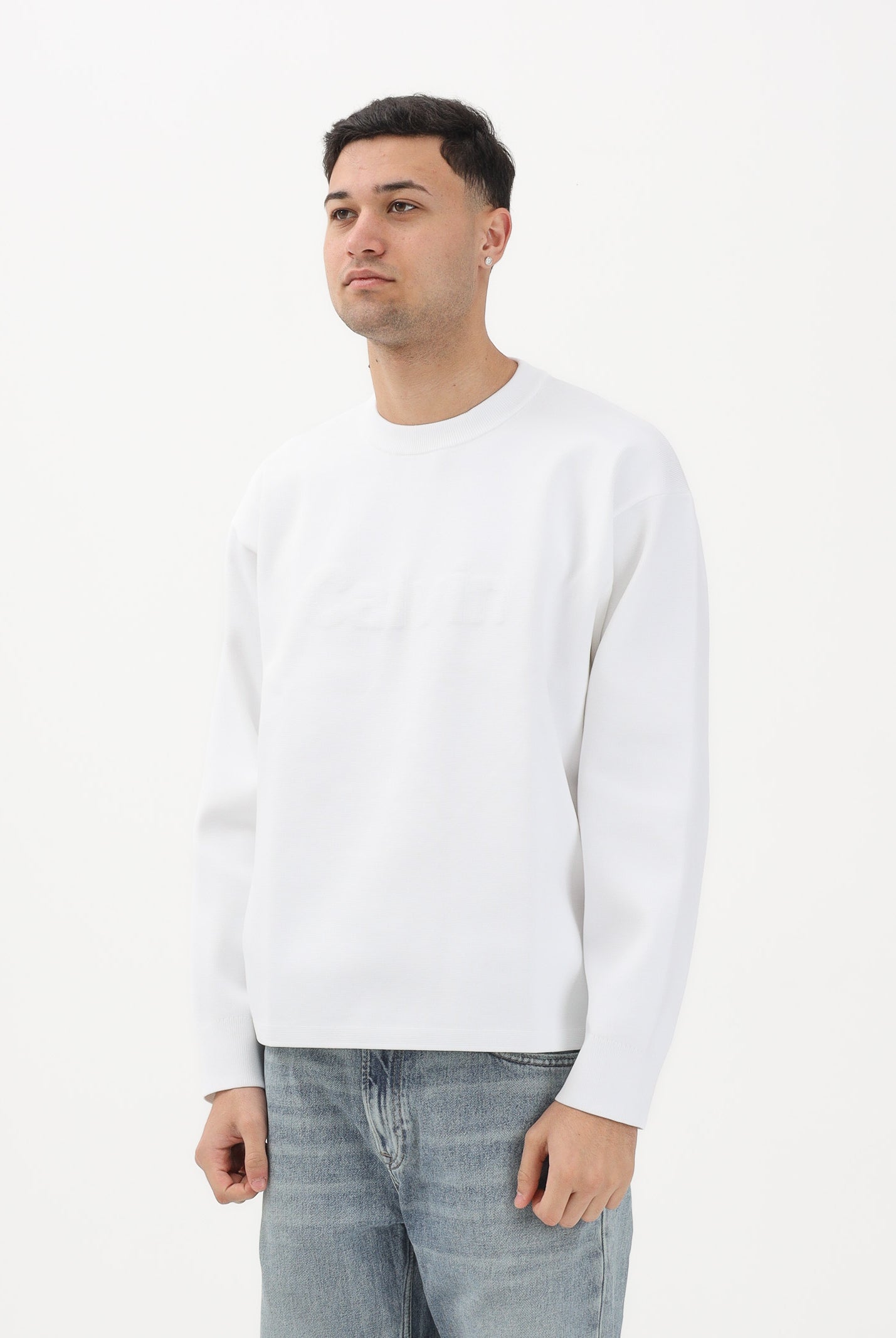 CALVIN KLEIN JEANS Maglioncino girocollo bianco da uomo con grafica con logo tono su tono LV04RE304GYAA . CALVIN KLEIN JEANS