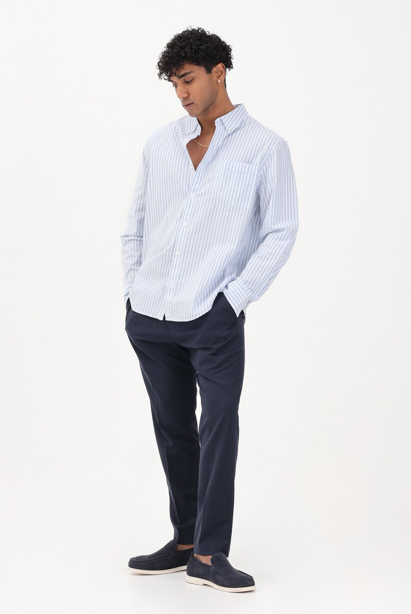CALVIN KLEIN JEANS Camicia a manica lunga bianca da uomo con fantasia a righe sottili azzurre LV04RF100G C32 CALVIN KLEIN JEANS