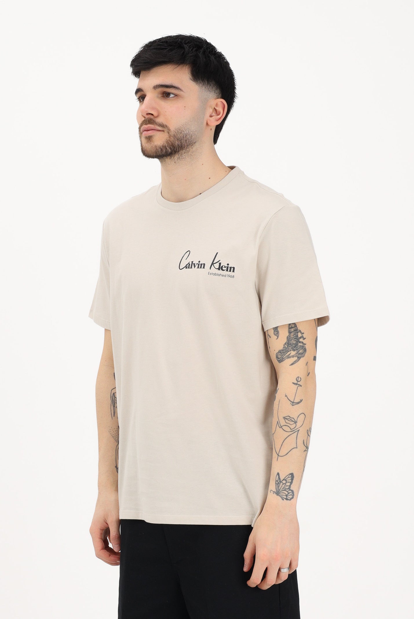 CALVIN KLEIN JEANS T-shirt a manica corta beige da uomo con logo frontale e stampa sul retro LV14RF802G 2JX CALVIN KLEIN JEANS