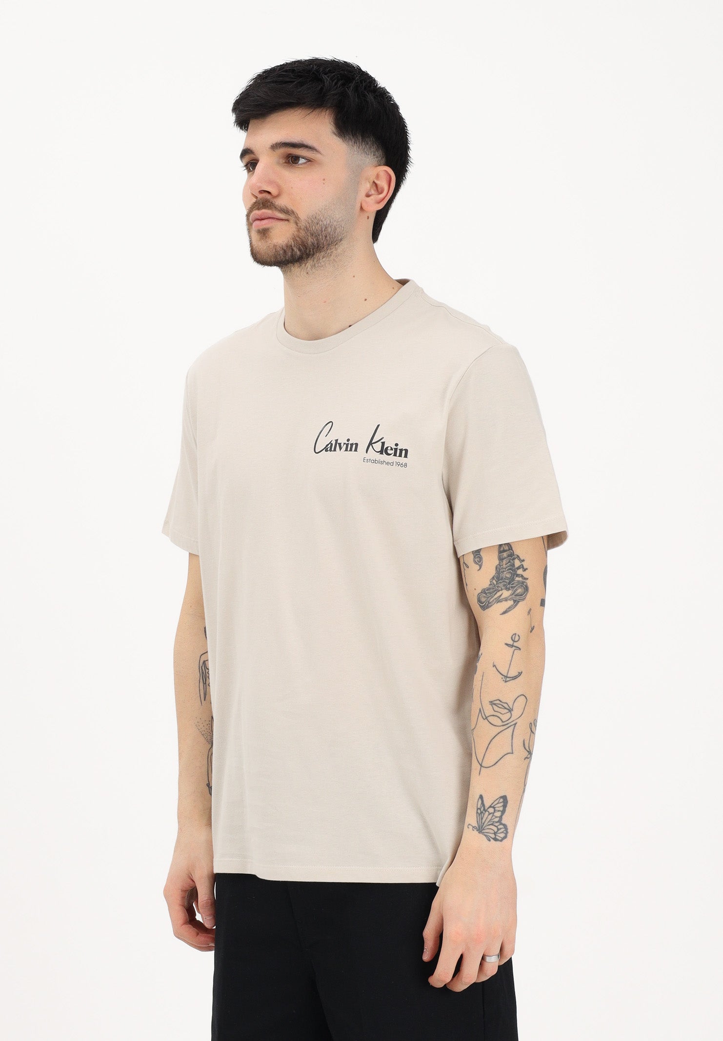 CALVIN KLEIN JEANS T-shirt a manica corta beige da uomo con logo frontale e stampa sul retro LV14RF802G 2JX CALVIN KLEIN JEANS