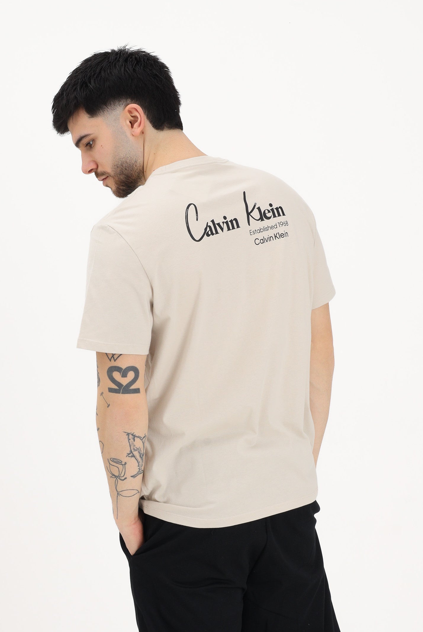 CALVIN KLEIN JEANS T-shirt a manica corta beige da uomo con logo frontale e stampa sul retro LV14RF802G 2JX CALVIN KLEIN JEANS