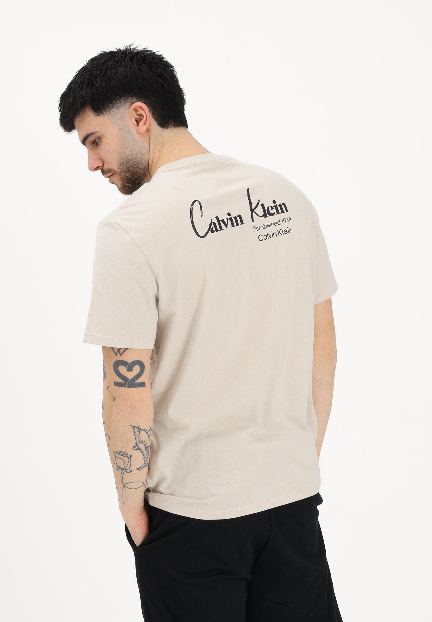 CALVIN KLEIN JEANS T-shirt a manica corta beige da uomo con logo frontale e stampa sul retro LV14RF802G 2JX CALVIN KLEIN JEANS