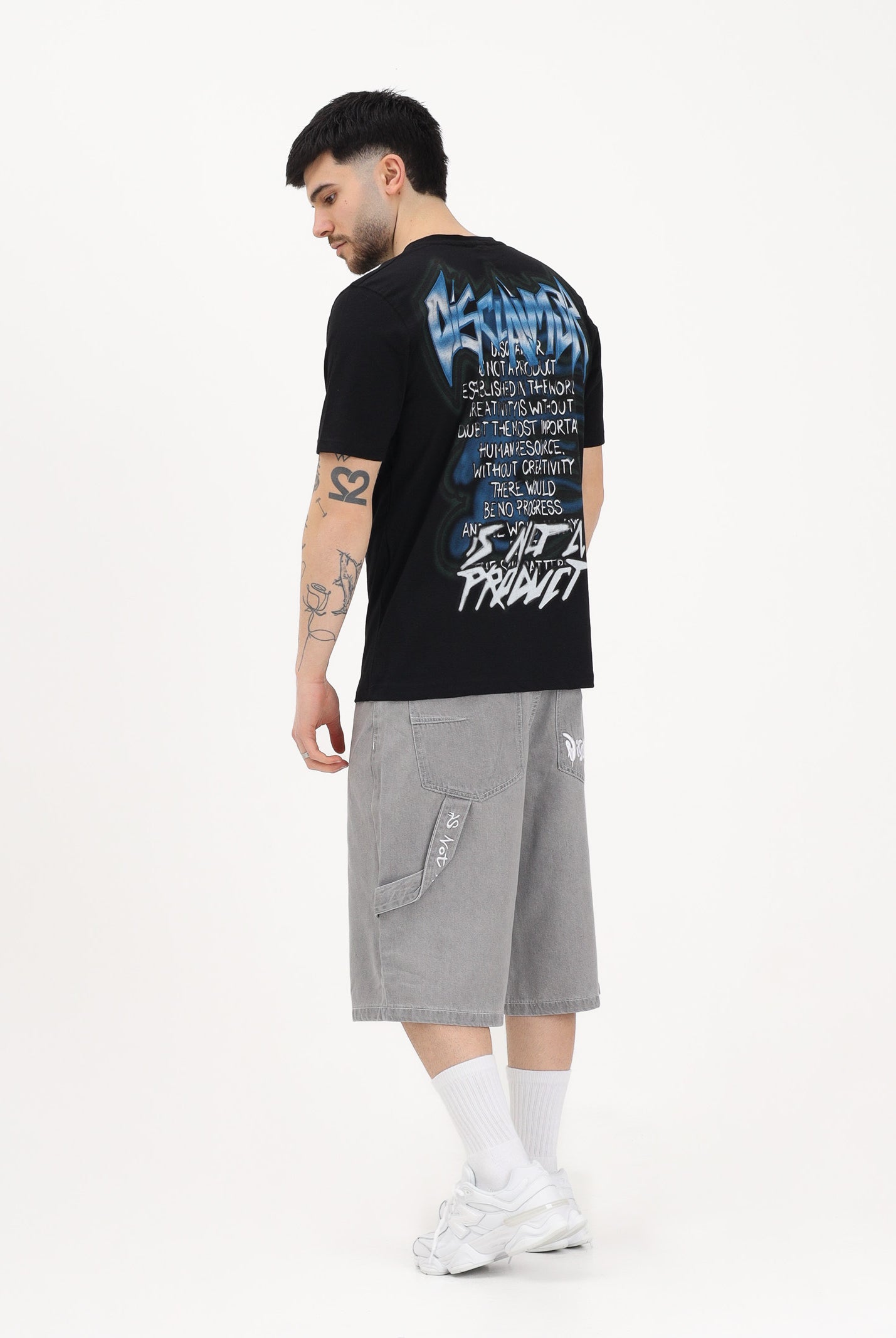 DISCLAIMER Shorts in denim grigio da uomo con dettagli carpenter e stampa sul retro 26EDS55441 NE DISCLAIMER