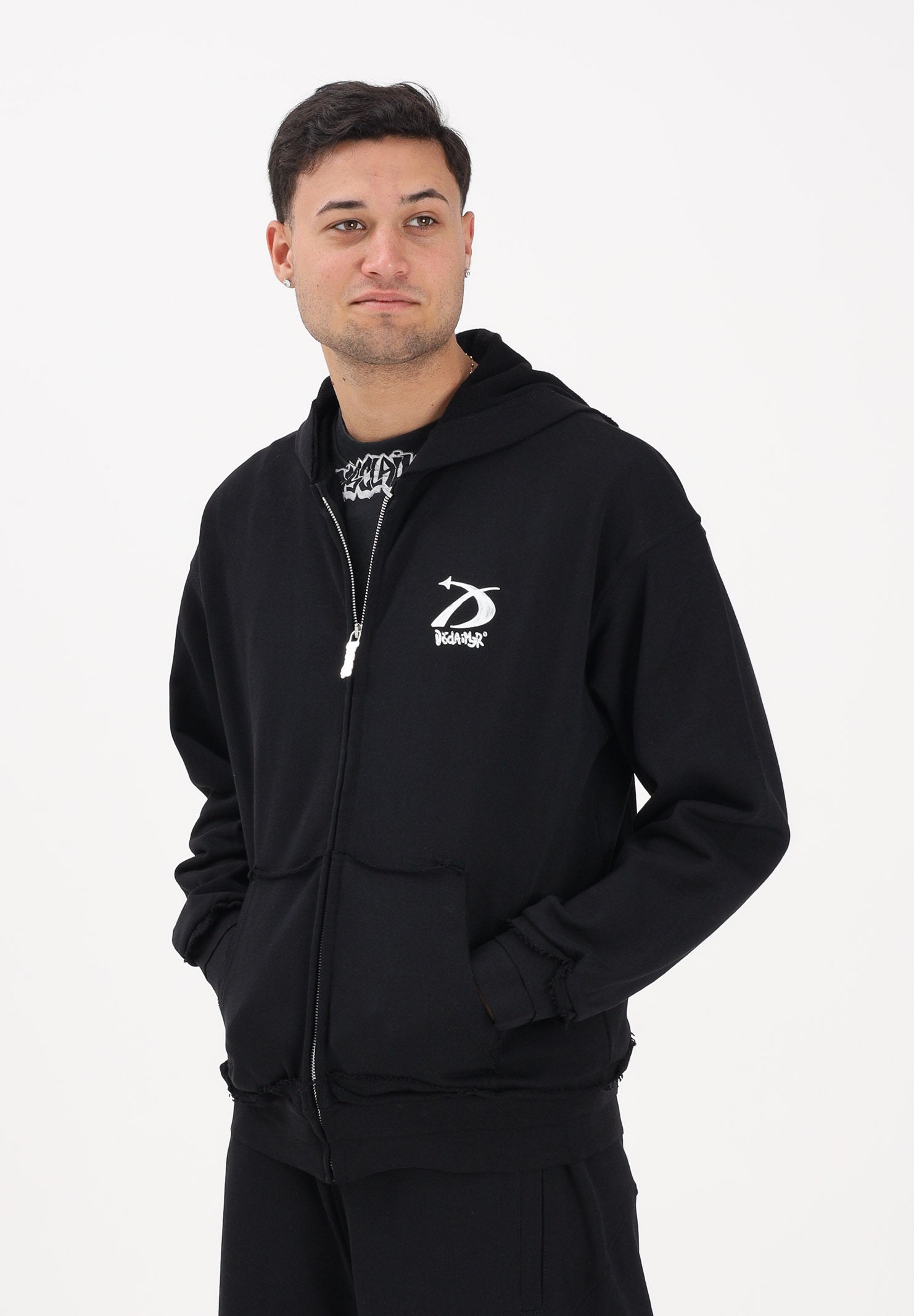 DISCLAIMER Felpa con zip nera da uomo rifinita da logo 26EDS55451 NE DISCLAIMER