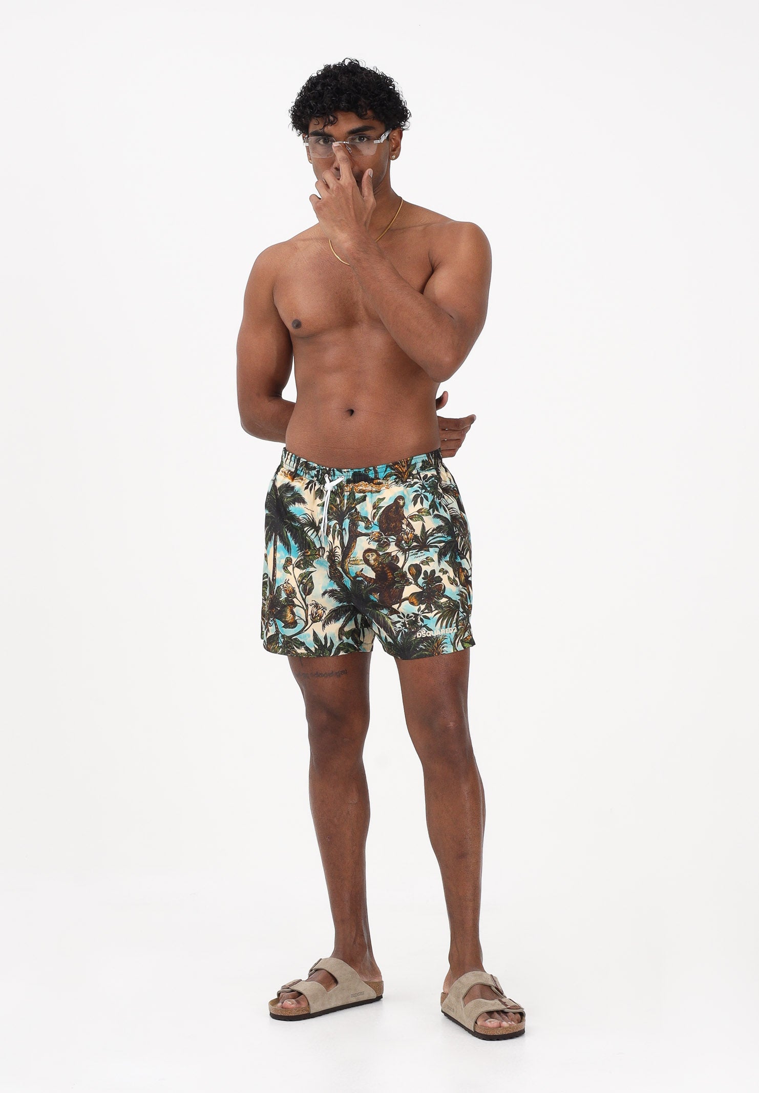 DSQUARED2 Shorts mare verde militare da uomo con stampa tropicale D7B626790 357 DSQUARED2