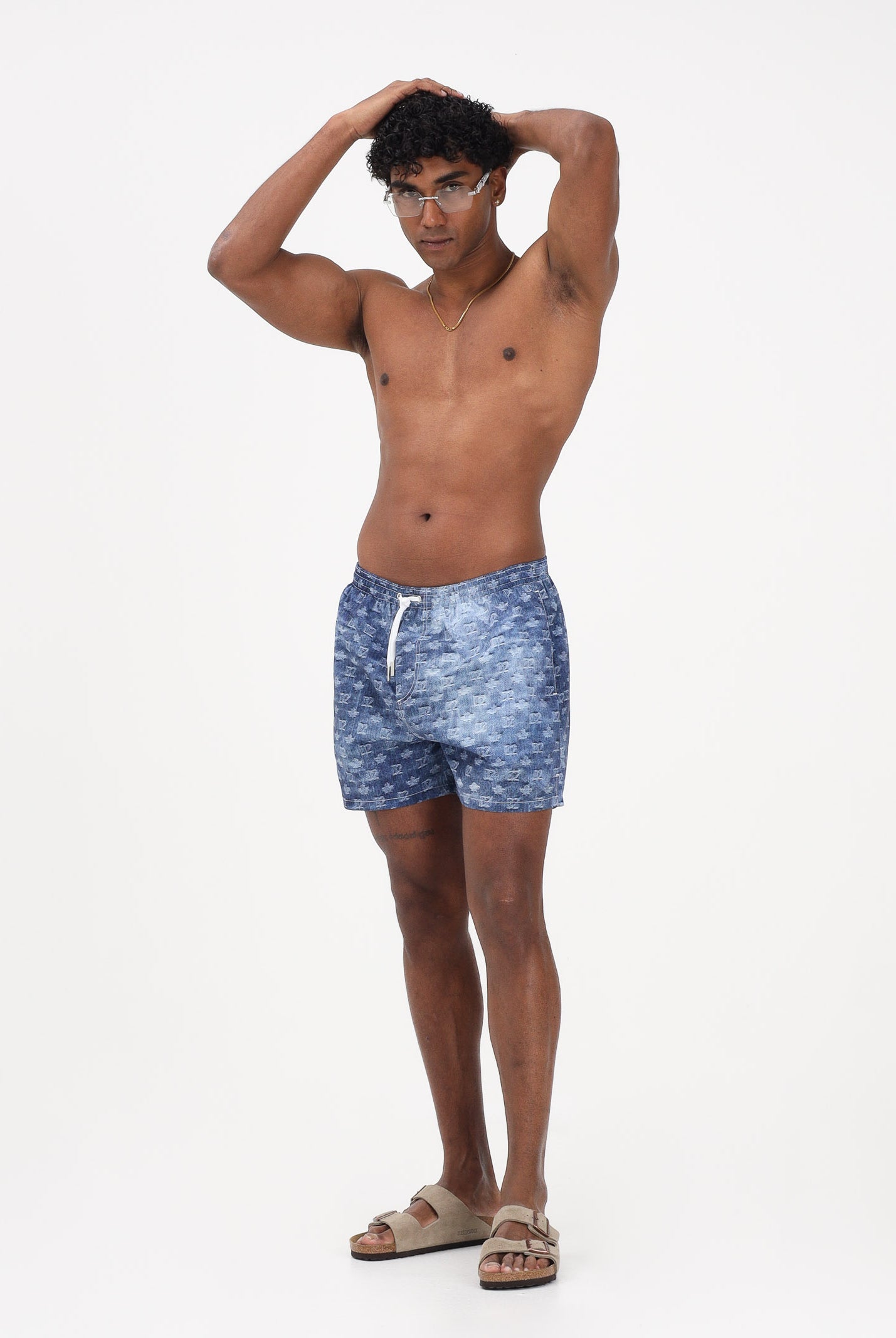 DSQUARED2 Shorts mare blu da uomo con stampa monogram effetto denim D7B626810 454 DSQUARED2