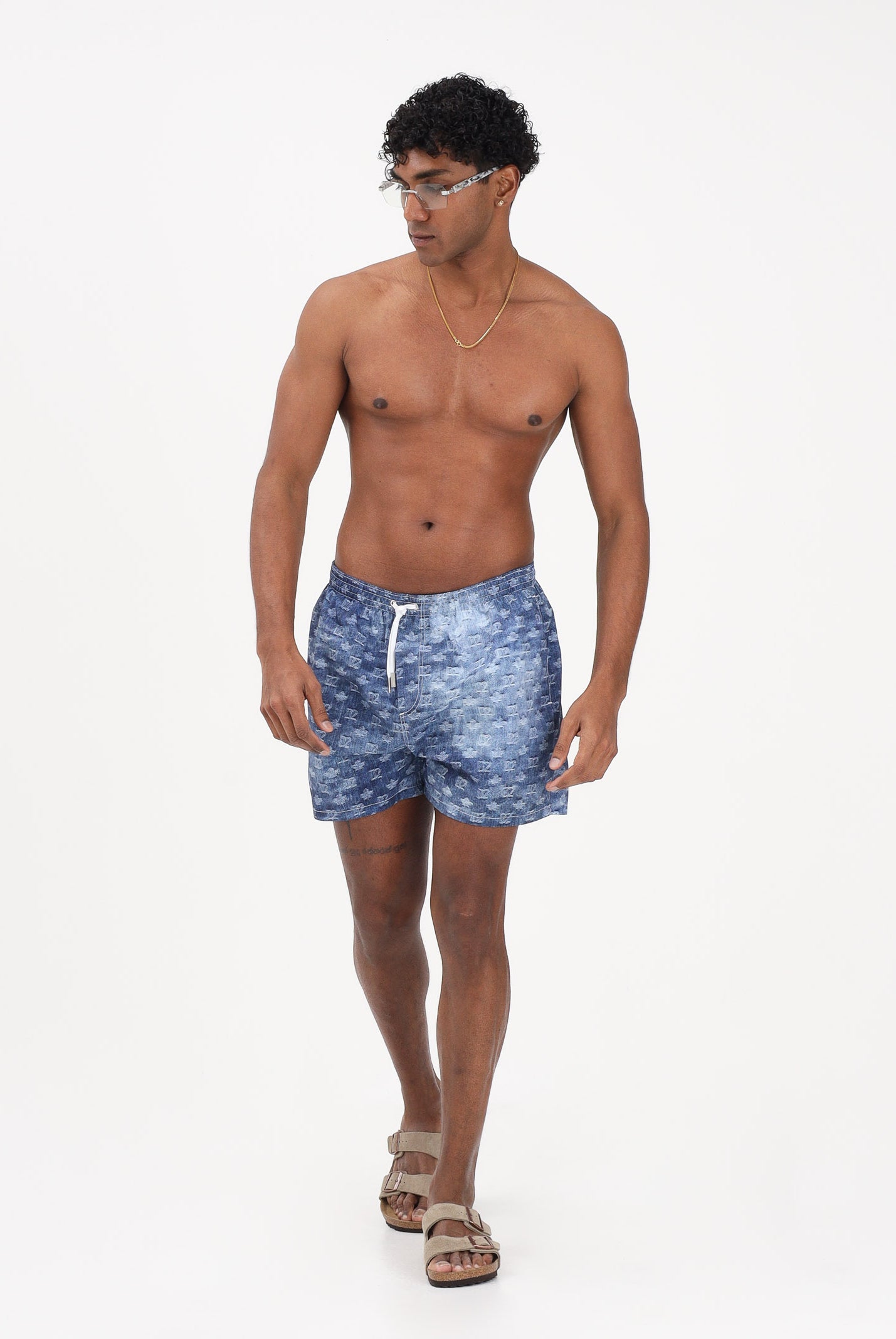 DSQUARED2 Shorts mare blu da uomo con stampa monogram effetto denim D7B626810 454 DSQUARED2