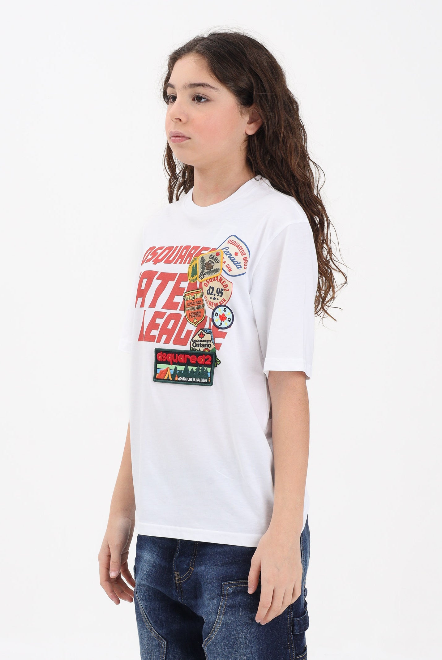 DSQUARED2 T-shirt a manica corta bianca per donna, ragazzi e bambini con logo applicato e patch DQ3165D0ACD DQ100 DSQUARED2