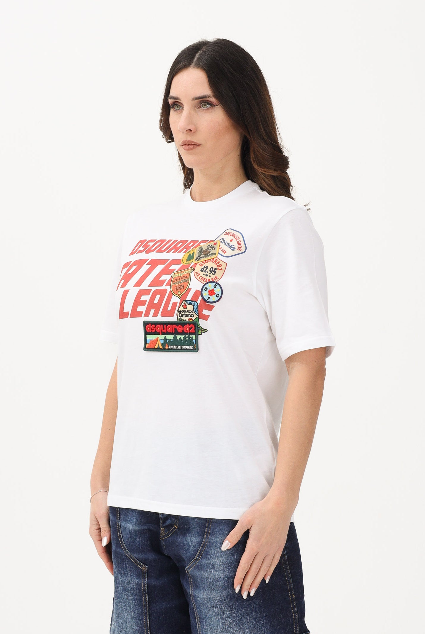 DSQUARED2 T-shirt a manica corta bianca per donna, ragazzi e bambini con logo applicato e patch DQ3165D0ACD DQ100 DSQUARED2