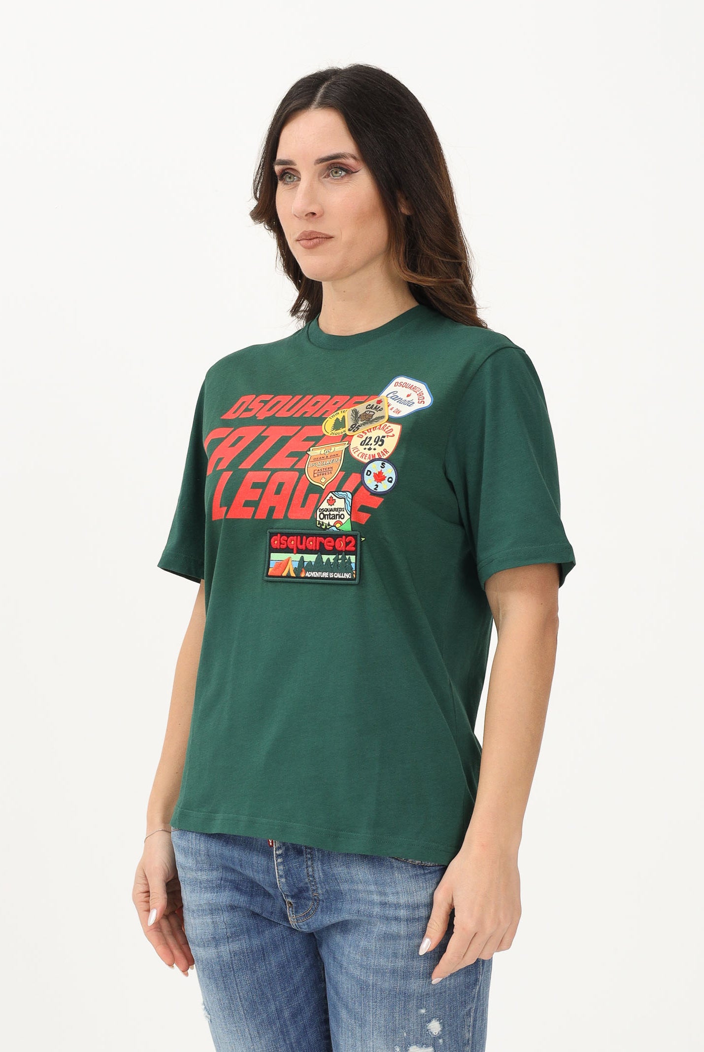 DSQUARED2 T-shirt a manica corta verde per donna, ragazzi e bambini con logo applicato e patch DQ3165D0ACD DQ522 DSQUARED2