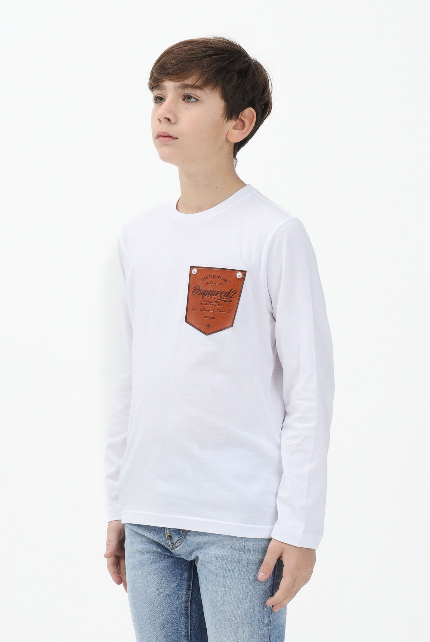 DSQUARED2 T-shirt a manica lunga bianca per donna, ragazzi e bambini con applicazione DQ3174D004G DQ100 DSQUARED2