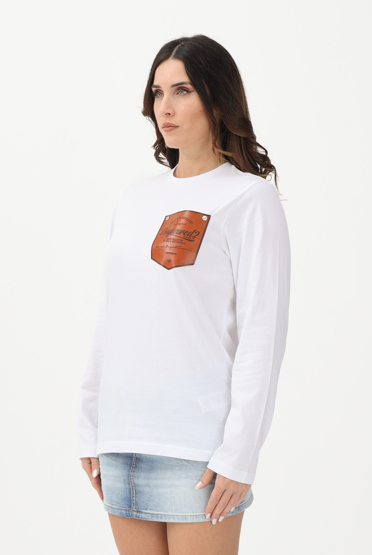 DSQUARED2 T-shirt a manica lunga bianca per donna, ragazzi e bambini con applicazione DQ3174D004G DQ100 DSQUARED2