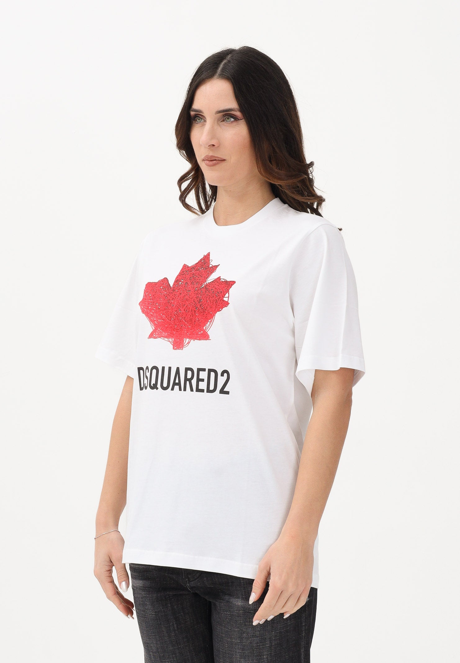 DSQUARED2 T-shirt a manica corta bianca per donna, ragazzi e bambini con logo e maxi foglia d'acero DQ3176D00XM DQ100 DSQUARED2