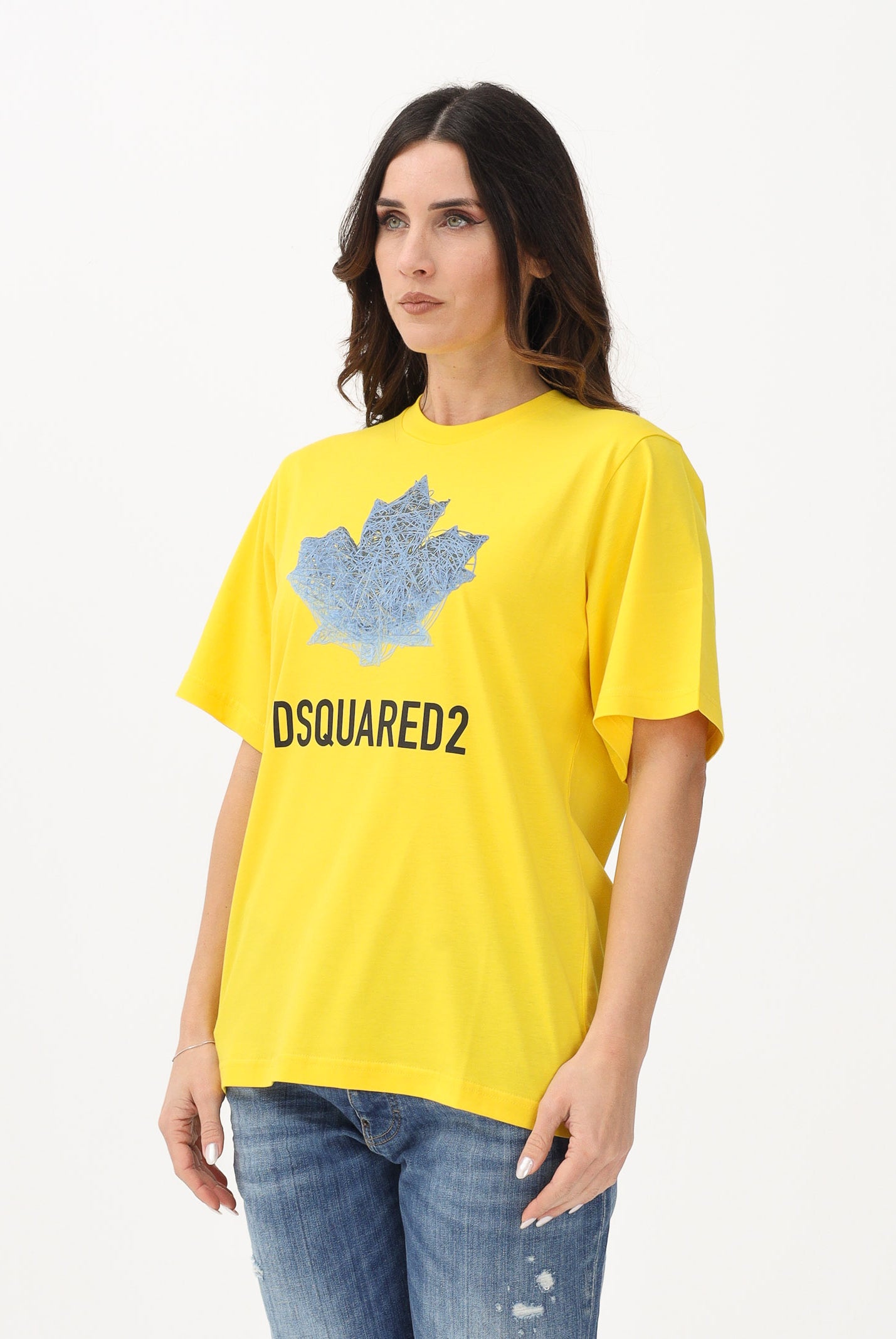 DSQUARED2 T-shirt a manica corta gialla per donna, ragazzi e bambini con logo e maxi foglia d'acero DQ3176D00XM DQ220 DSQUARED2