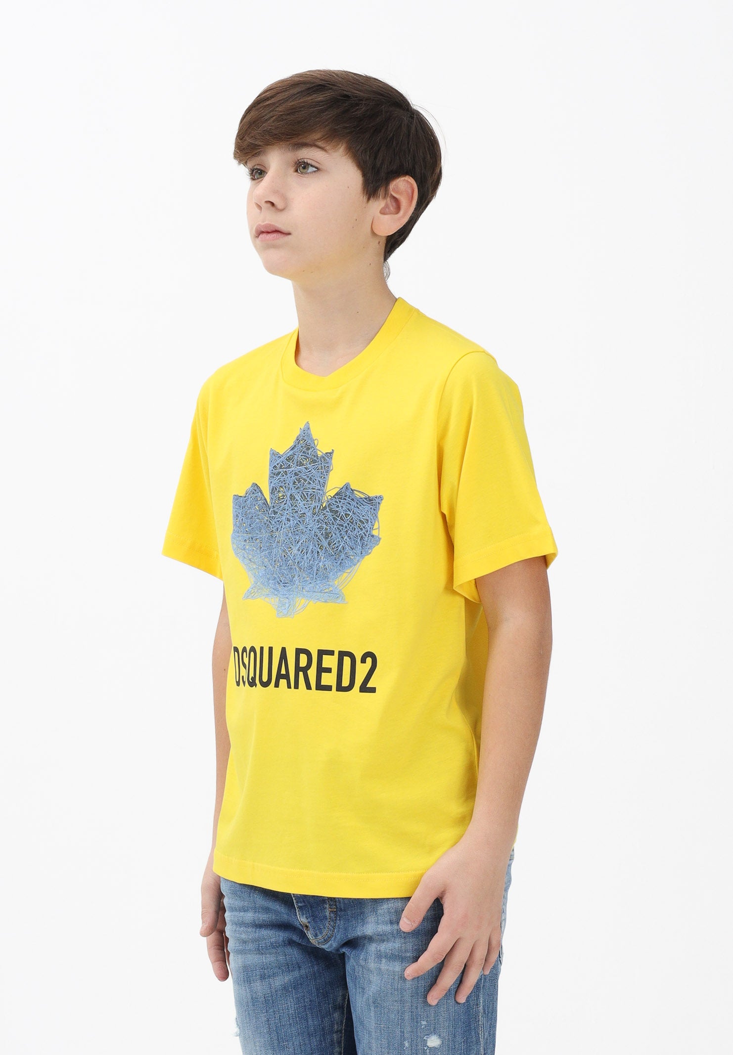 DSQUARED2 T-shirt a manica corta gialla per donna, ragazzi e bambini con logo e maxi foglia d'acero DQ3176D00XM DQ220 DSQUARED2