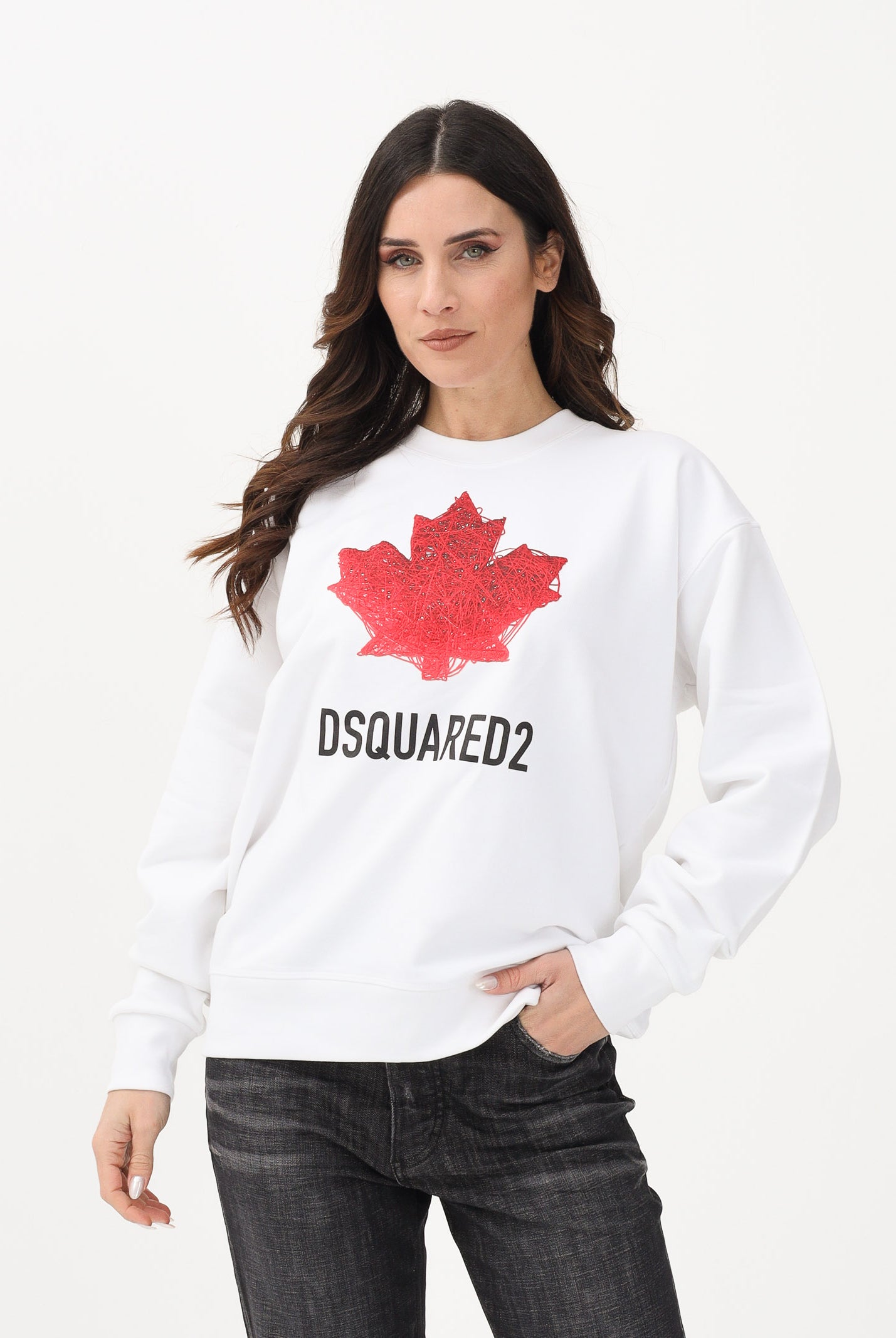 DSQUARED2 Felpa girocollo bianca per donna, ragazzi e bambini con stampa DQ3193D0AGW DQ100 DSQUARED2